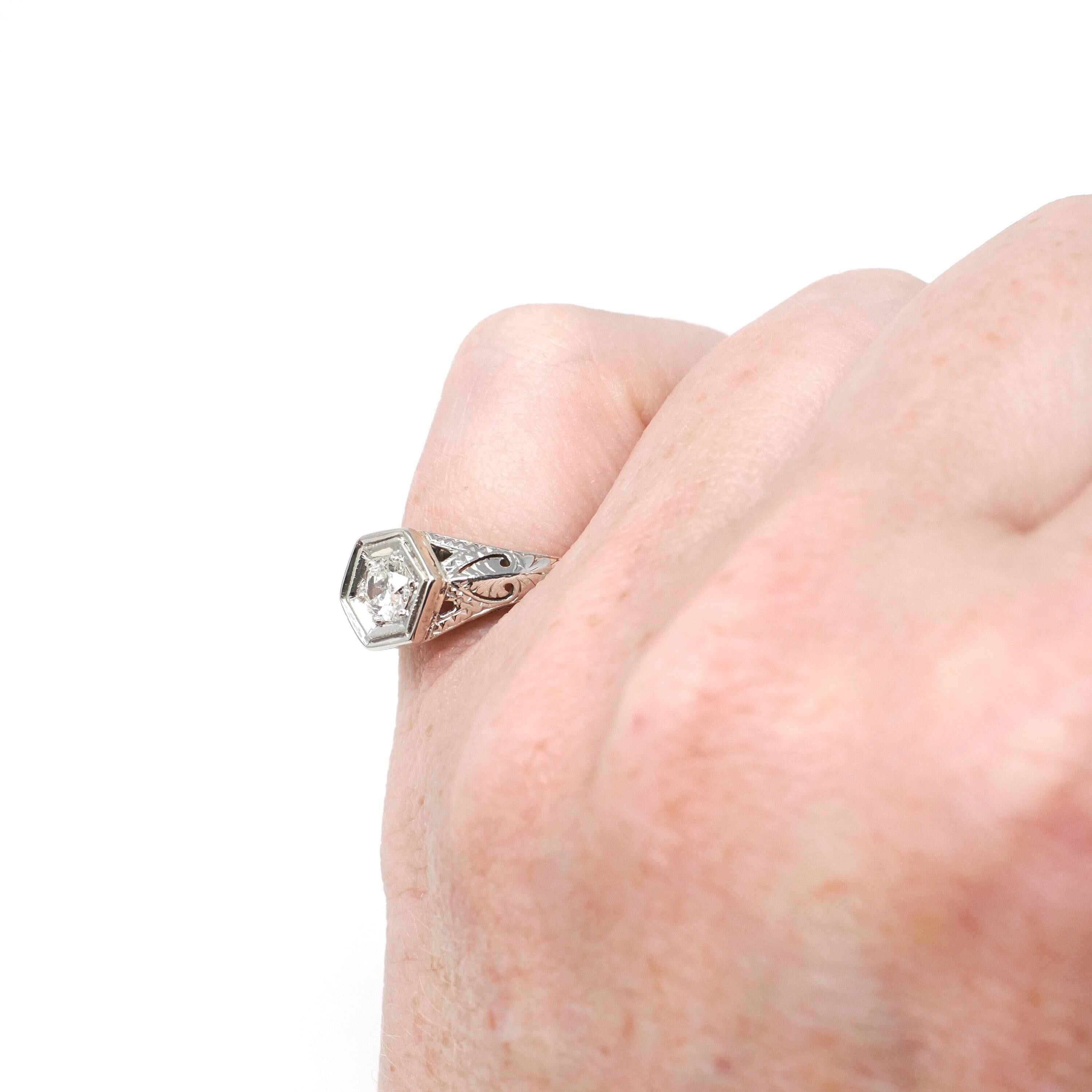 Art Deco Diamond Ring - Antique 14k Yellow White & Yellow Gold .25 CT Old Euro Hex Filigree Solitaire - Circa 1930s Size 3 3/4 Fine Jewelry