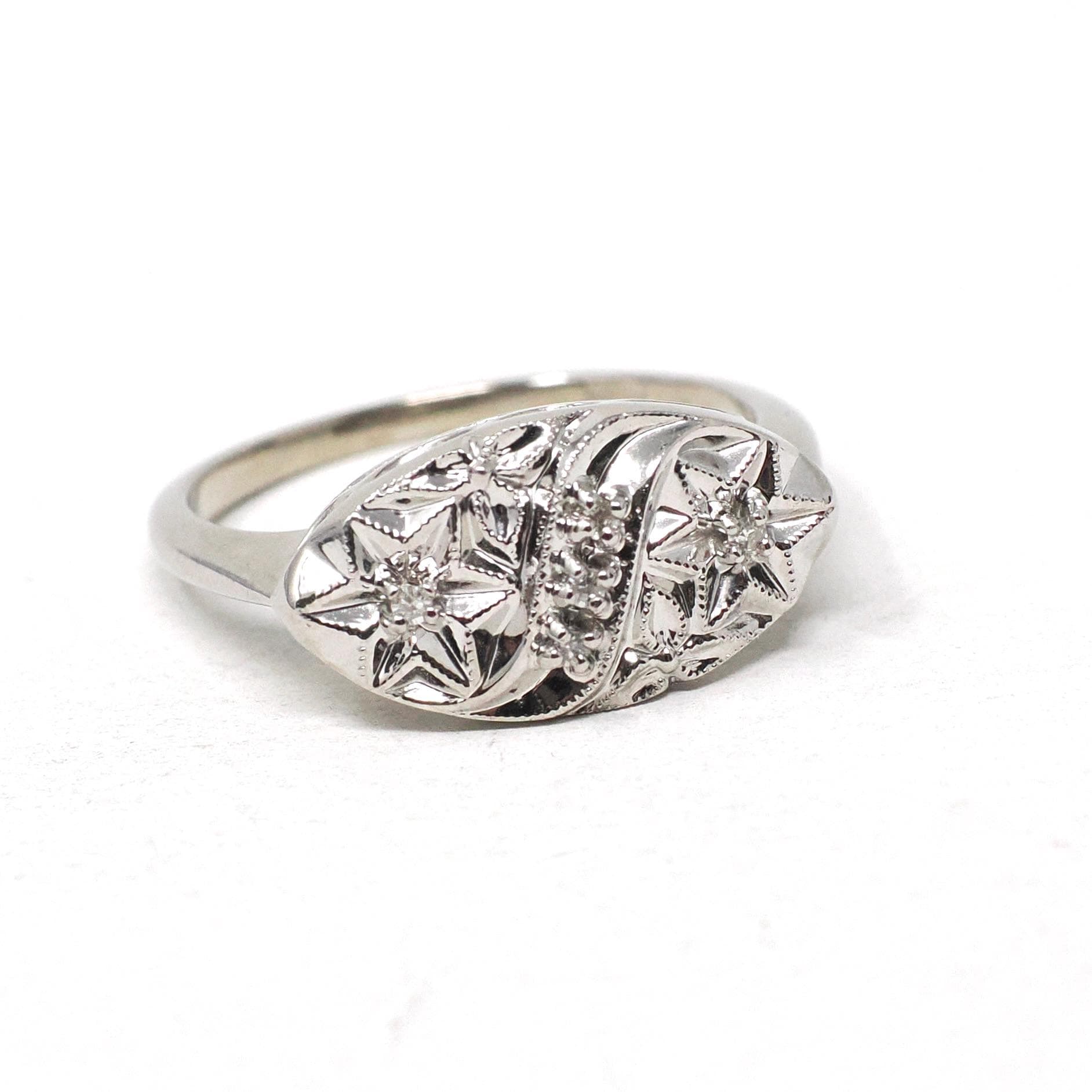 Star Princess Ring - Vintage 14k White Gold Natural .04 CTW Diamonds - Circa 1950s Era Size 6 1/4 Celestial Patriotic Inspired Fine Jewelry