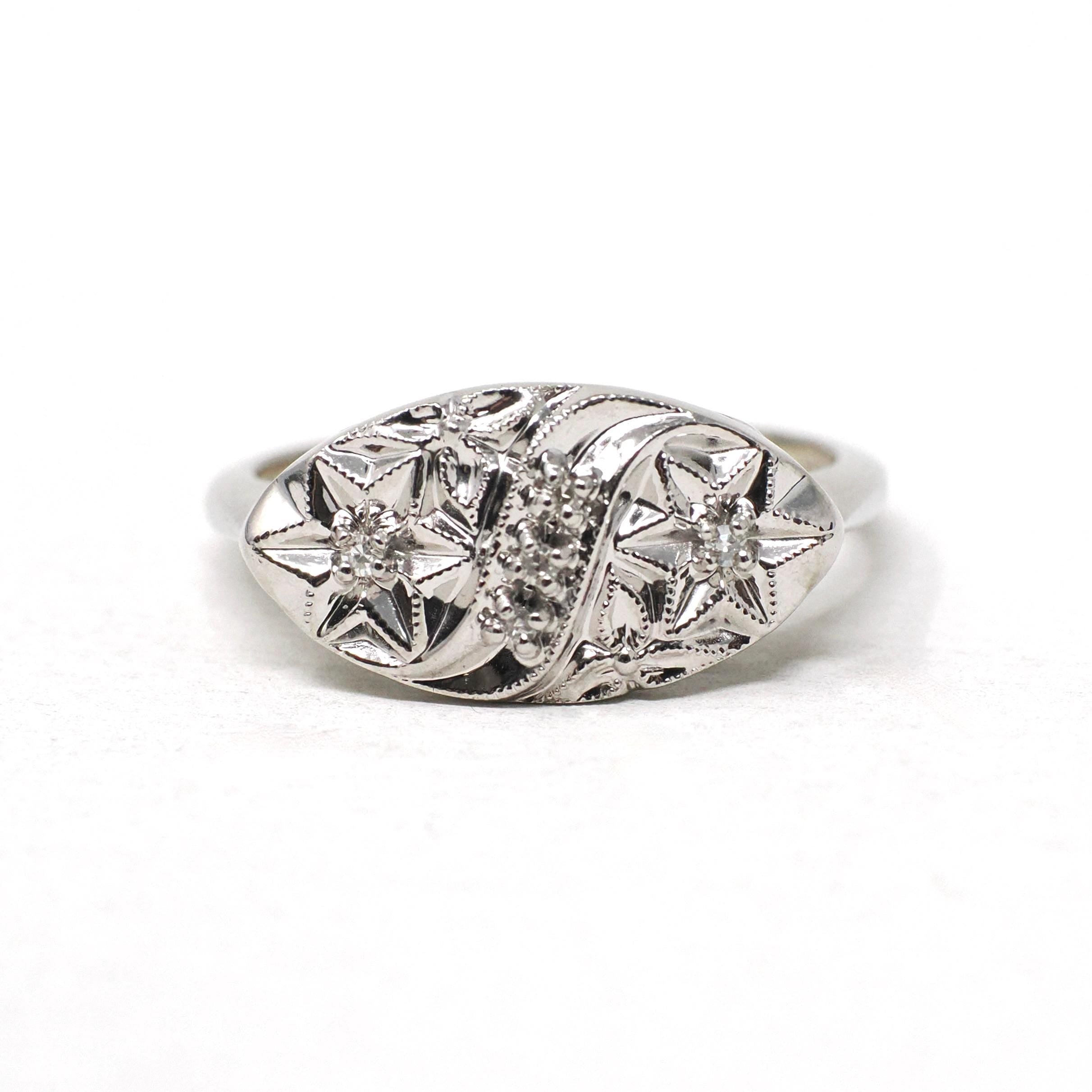 Star Princess Ring - Vintage 14k White Gold Natural .04 CTW Diamonds - Circa 1950s Era Size 6 1/4 Celestial Patriotic Inspired Fine Jewelry