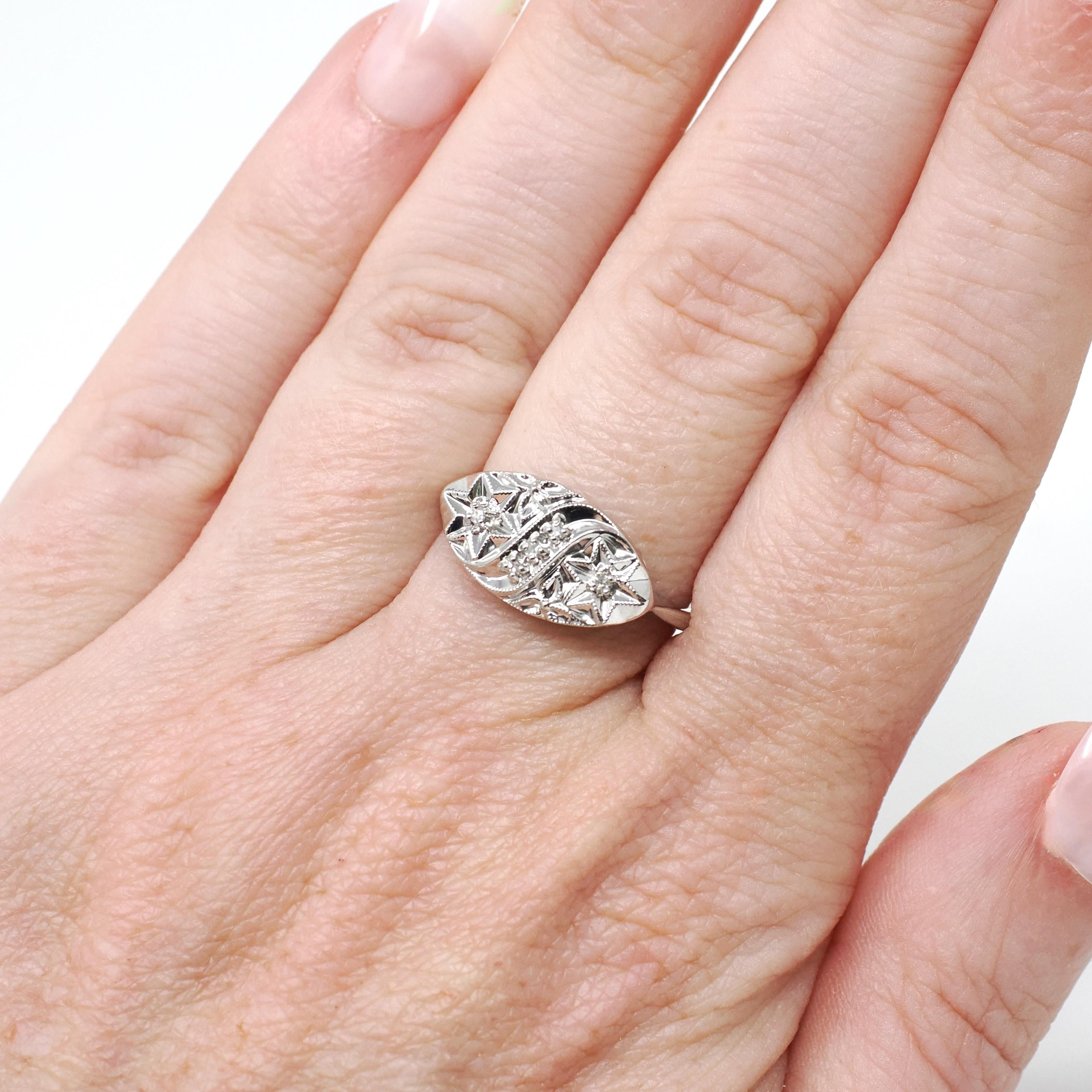Star Princess Ring - Vintage 14k White Gold Natural .04 CTW Diamonds - Circa 1950s Era Size 6 1/4 Celestial Patriotic Inspired Fine Jewelry