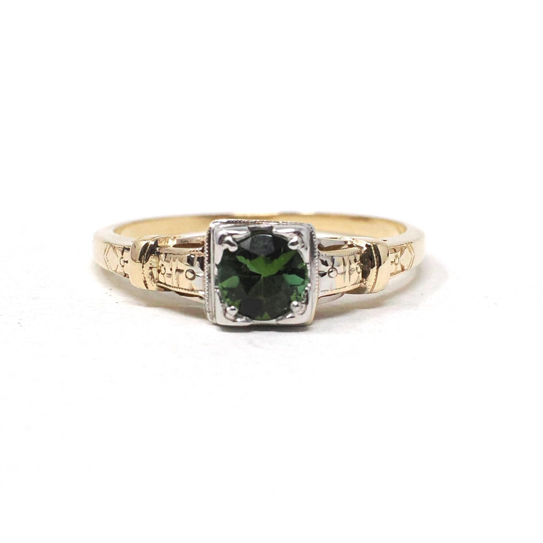 Vintage Tourmaline Ring - Mid Century Era 14k Yellow White Gold Natural Green Gem Engagement - Circa 1940s Size 6 3/4 Fine Two Tone Jewelry