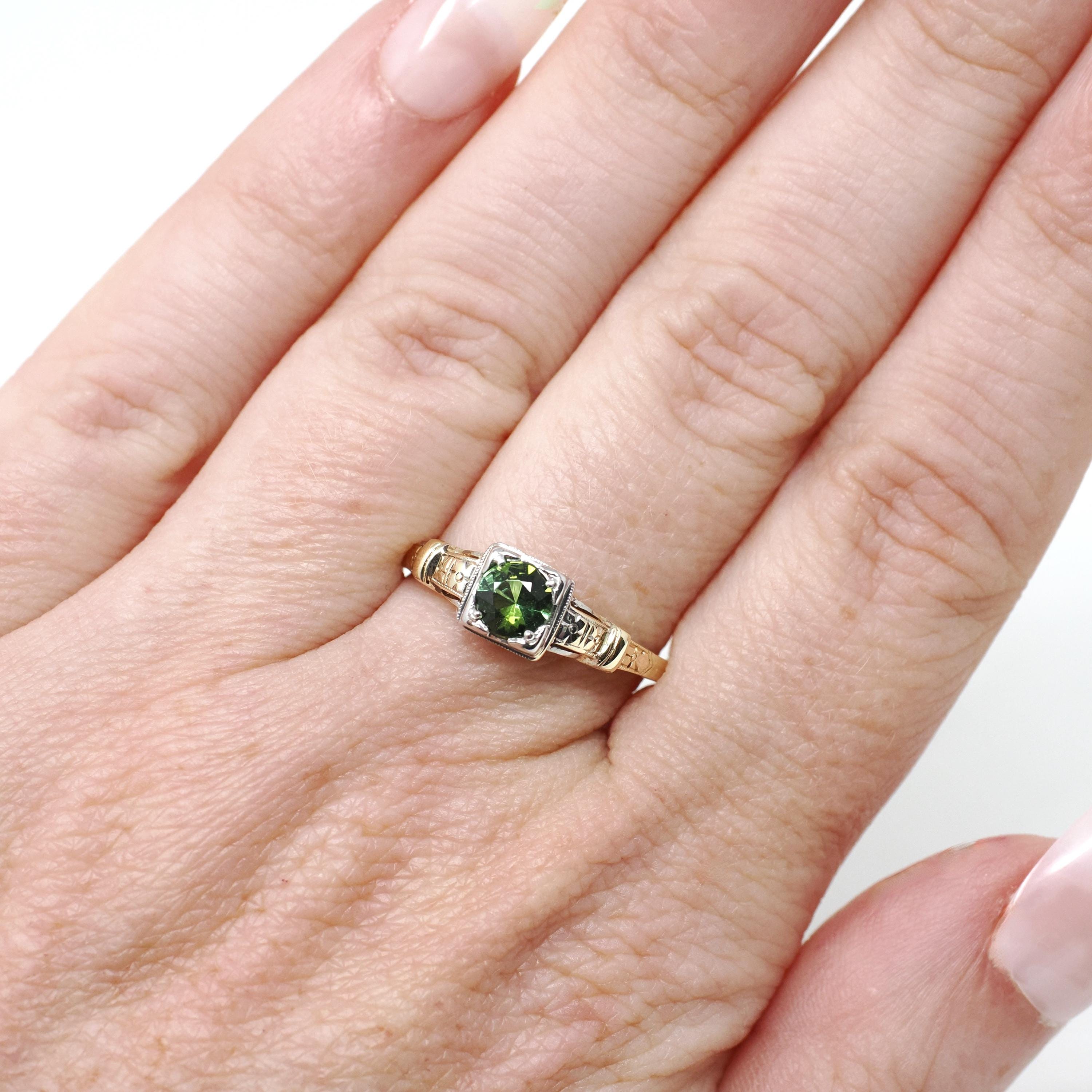Vintage Tourmaline Ring - Mid Century Era 14k Yellow White Gold Natural Green Gem Engagement - Circa 1940s Size 6 3/4 Fine Two Tone Jewelry
