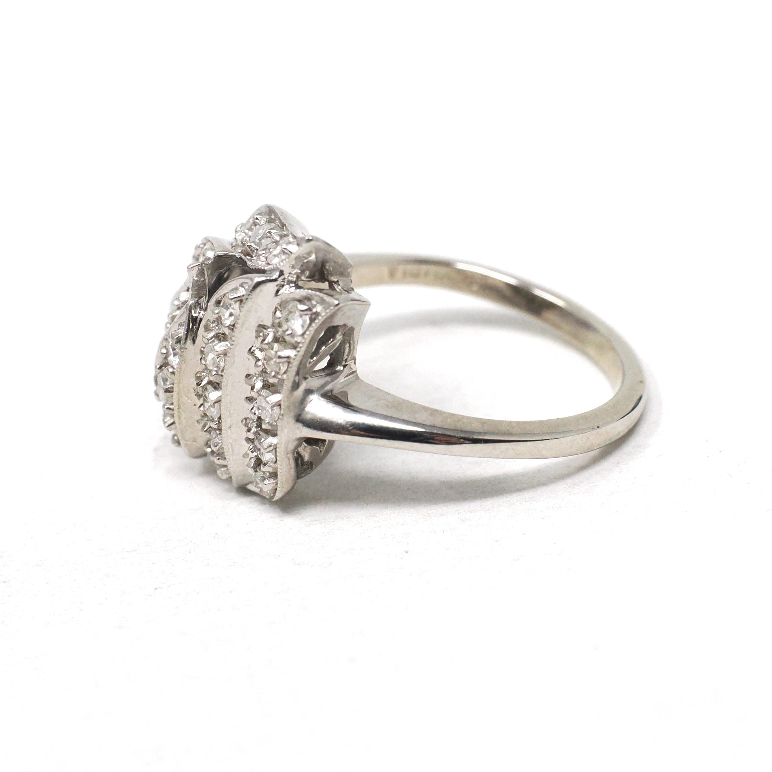 Mid Century Ring - Vintage 14k White Gold Natural .58 CTW Diamond Cluster - Circa 1950s Era Size 6 3/4 Cocktail Flame Fine Statement Jewelry