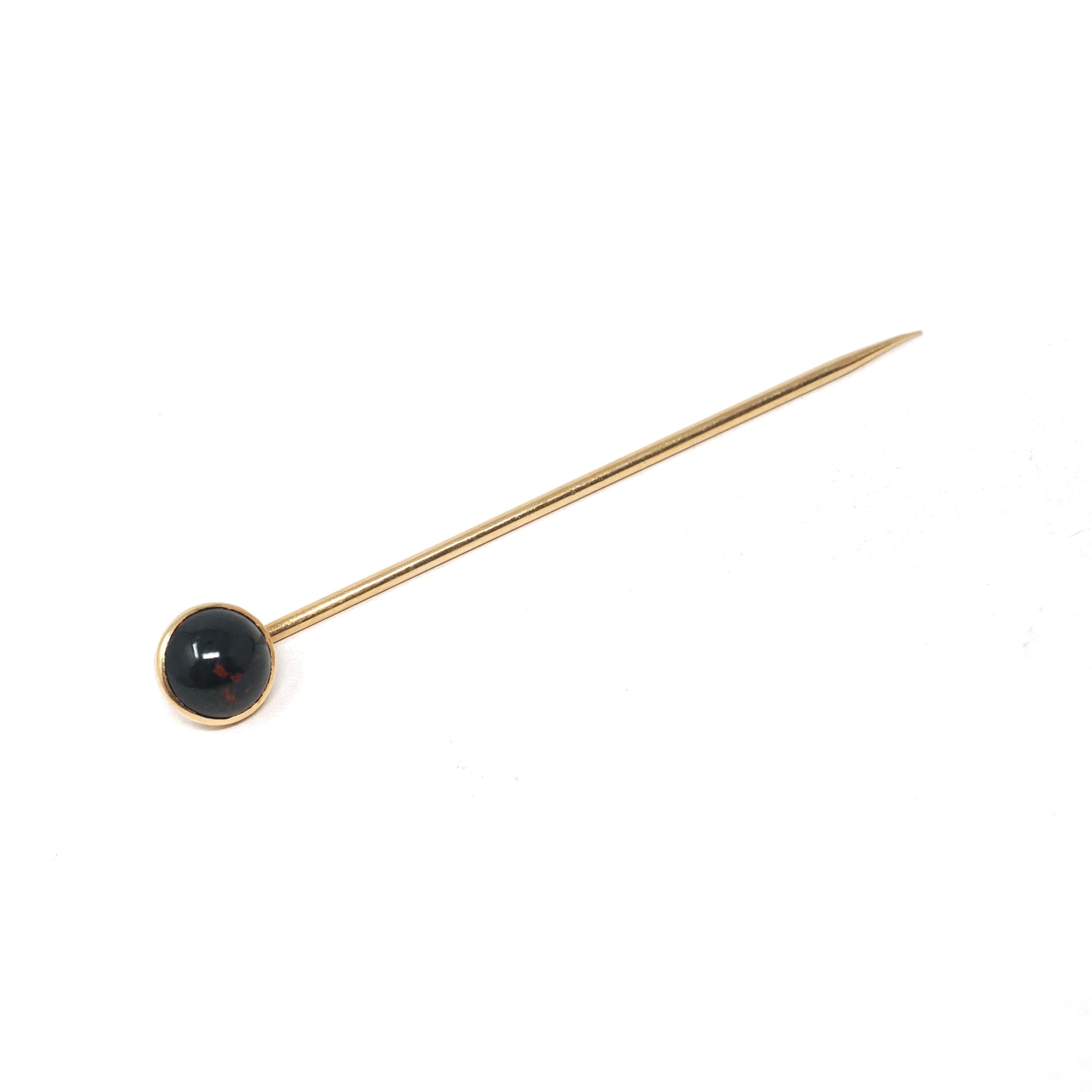 Bloodstone Stick Pin - Edwardian 14k Yellow Gold Natural Cabochon Cut Gem - Antique Circa 1910s Era Fashion Accessory Neckwear Fine Jewelry