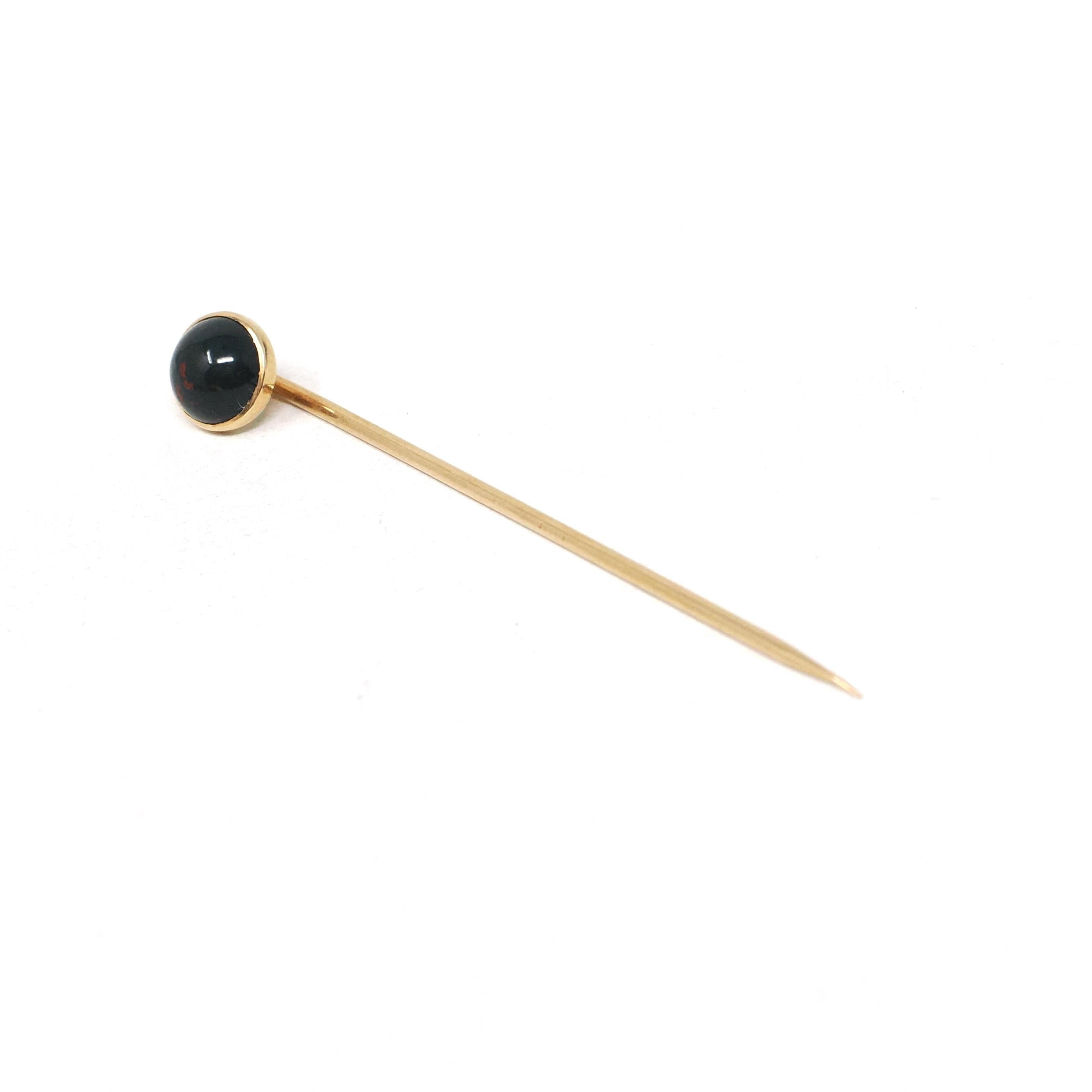Bloodstone Stick Pin - Edwardian 14k Yellow Gold Natural Cabochon Cut Gem - Antique Circa 1910s Era Fashion Accessory Neckwear Fine Jewelry