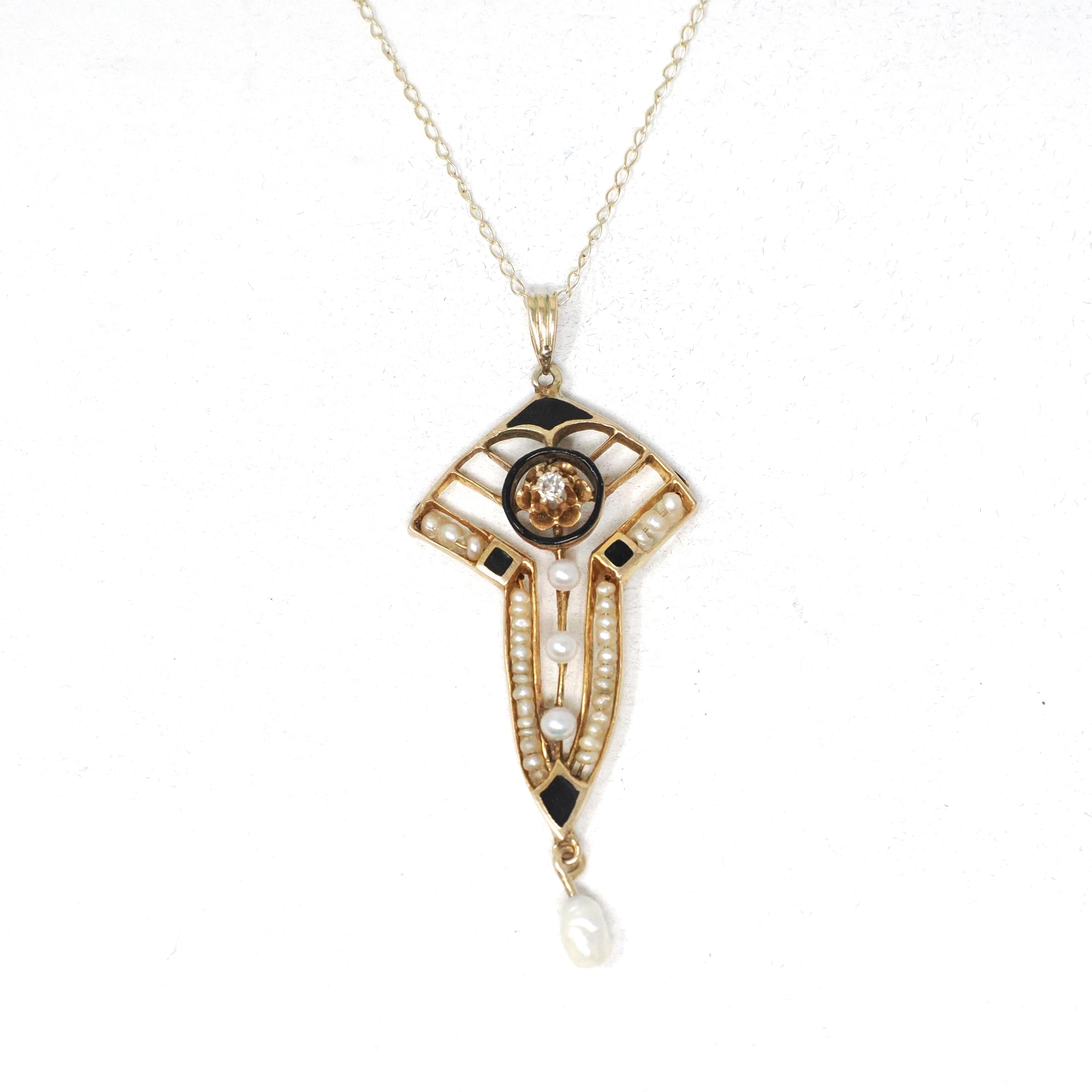 Edwardian Lavalier Pendant - Antique 10k Gold .02 CT Natural Diamond Black Enamel Charm Necklace - Circa 1910s Era Seed Pearl Fine Jewelry
