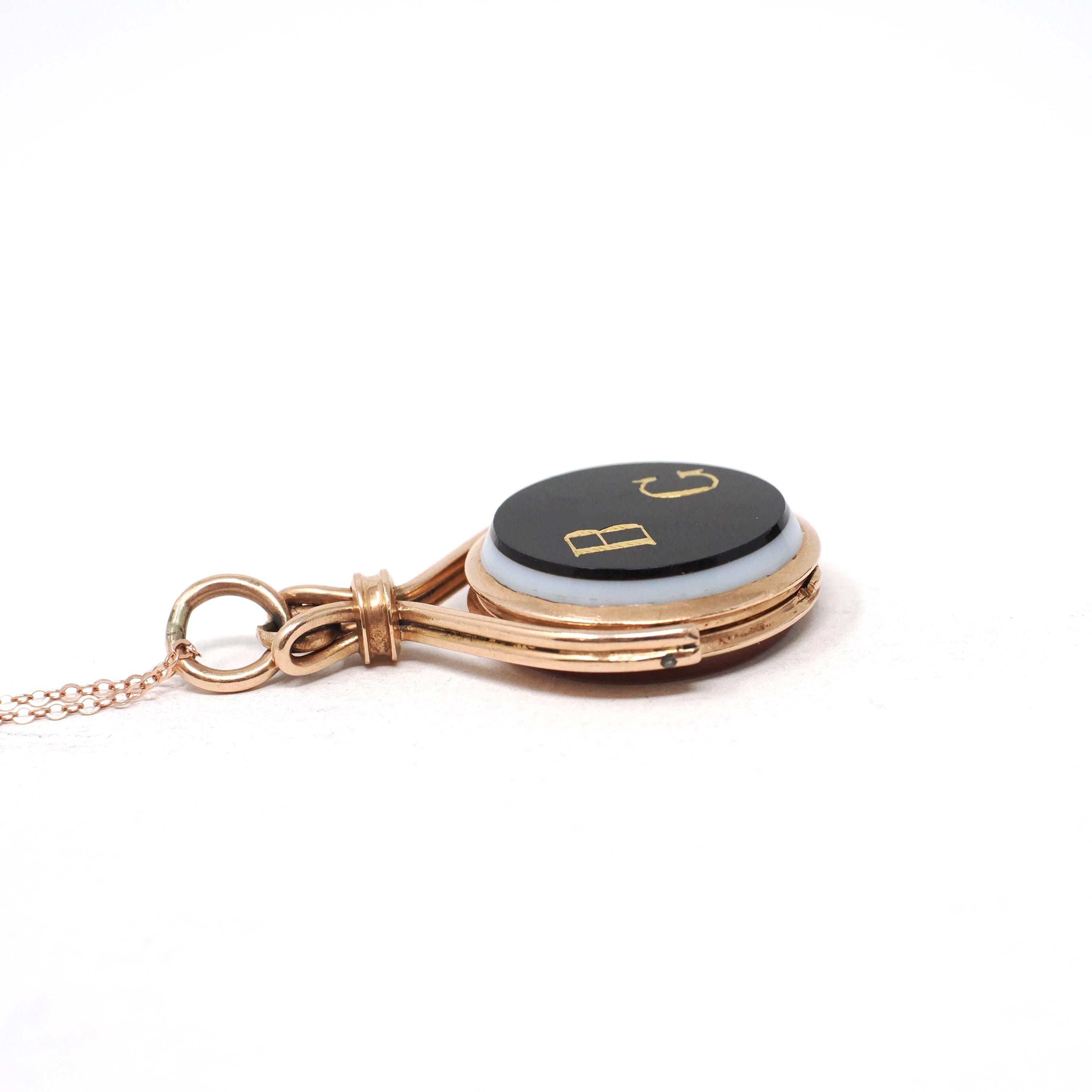 Antique Spinner Locket - Victorian 10k Rose Gold Sardonyx & Onyx Engraved Initial "BG" Gem Fob Necklace - Circa 1890s Statement Fine Jewelry