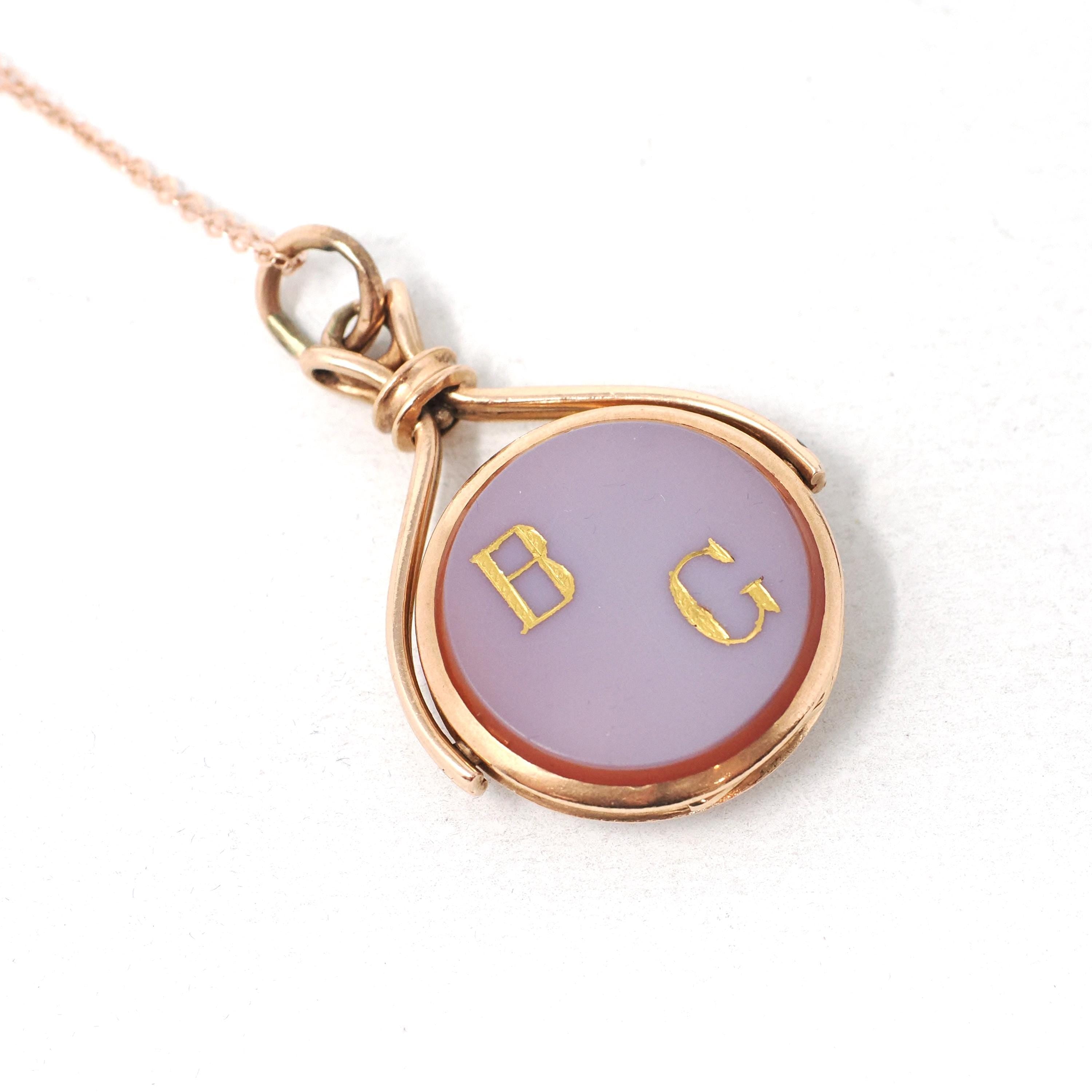 Antique Spinner Locket - Victorian 10k Rose Gold Sardonyx & Onyx Engraved Initial "BG" Gem Fob Necklace - Circa 1890s Statement Fine Jewelry