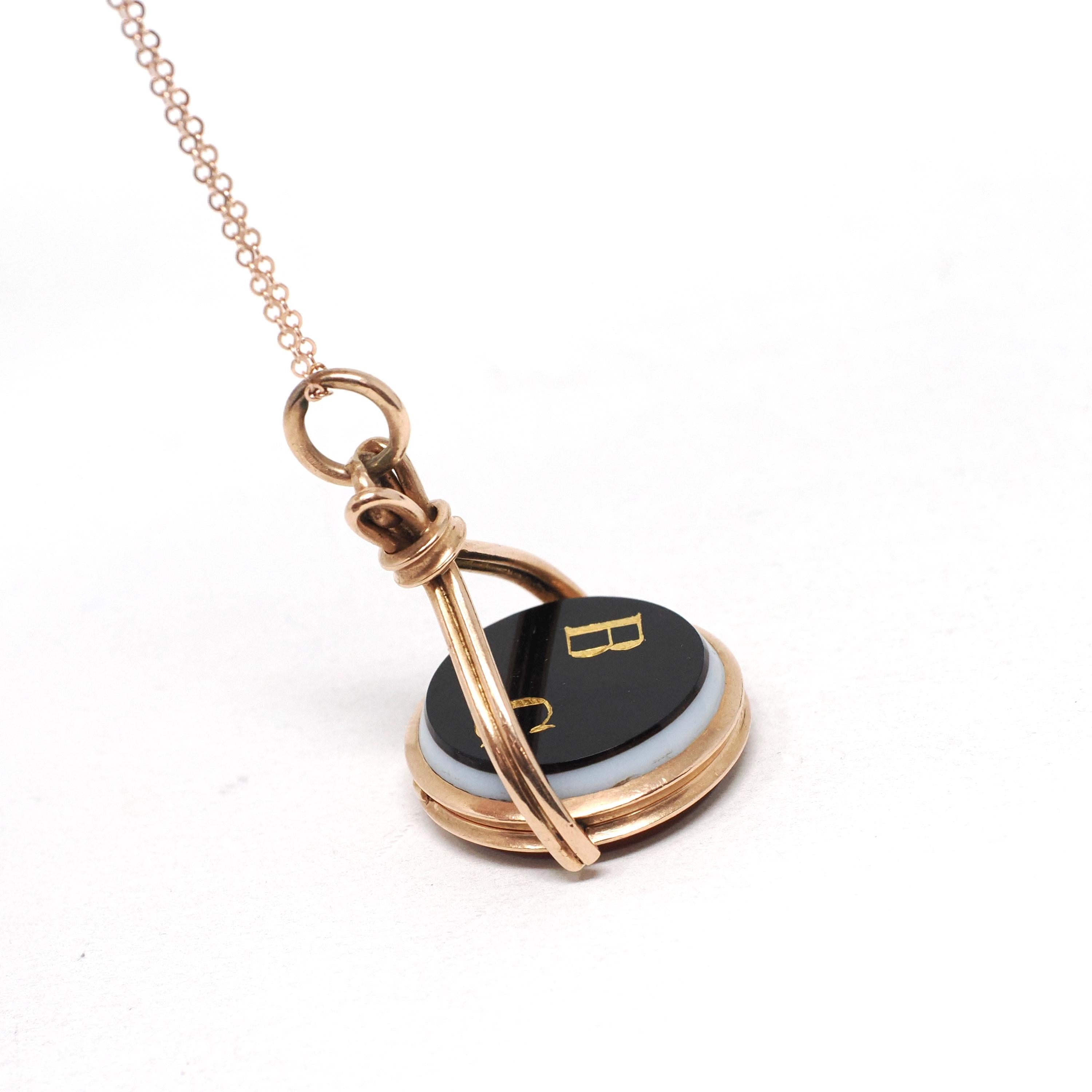 Antique Spinner Locket - Victorian 10k Rose Gold Sardonyx & Onyx Engraved Initial "BG" Gem Fob Necklace - Circa 1890s Statement Fine Jewelry