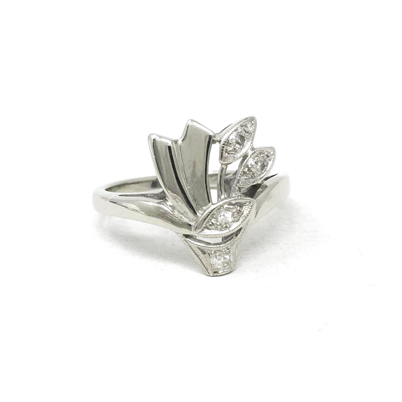 Vintage Diamond Ring - Mid Century 14k White Gold .10CTW Asymmetrical Cocktail Statement - Circa 1940s Size 5 Cluster Spray Fan Fine Jewelry