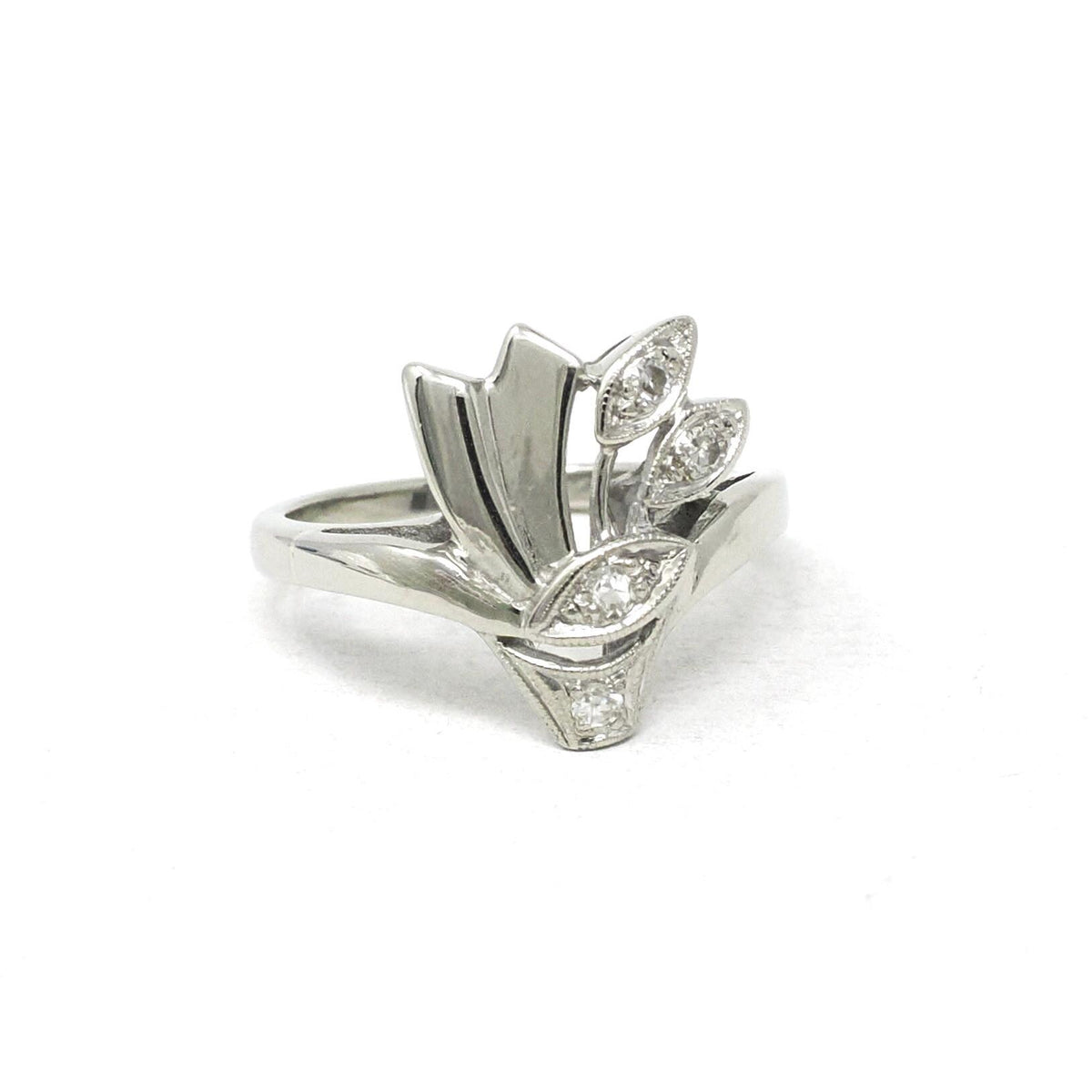 Vintage Diamond Ring - Mid Century 14k White Gold .10CTW Asymmetrical Cocktail Statement - Circa 1940s Size 5 Cluster Spray Fan Fine Jewelry