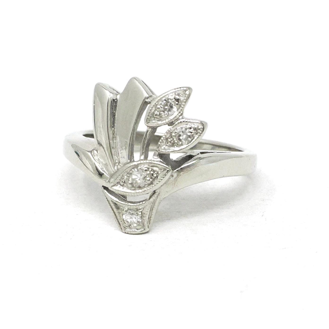Vintage Diamond Ring - Mid Century 14k White Gold .10CTW Asymmetrical Cocktail Statement - Circa 1940s Size 5 Cluster Spray Fan Fine Jewelry