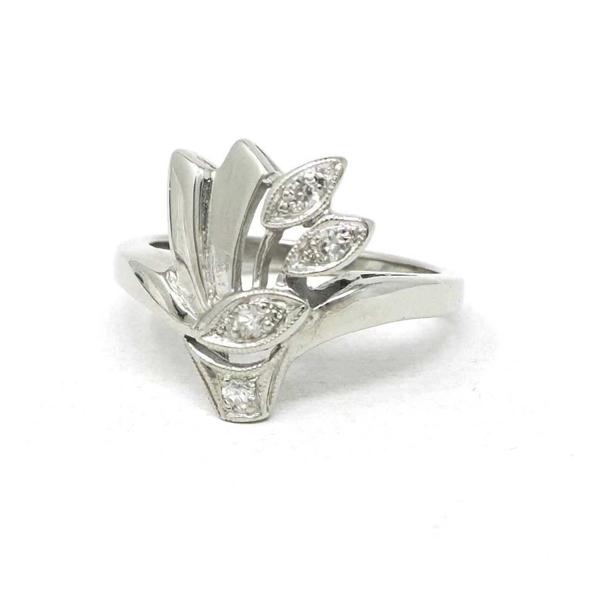 Vintage Diamond Ring - Mid Century 14k White Gold .10CTW Asymmetrical Cocktail Statement - Circa 1940s Size 5 Cluster Spray Fan Fine Jewelry