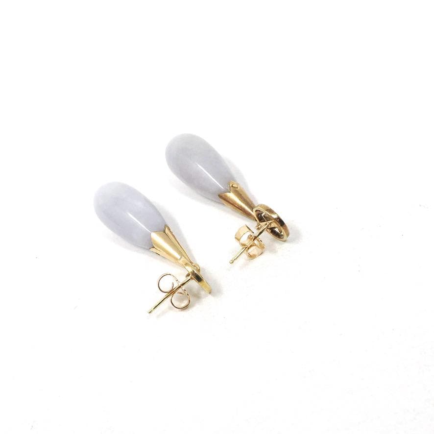 Jadeite Drop Earrings - 14k Yellow Gold Natural Teardrop Gemstones - Lavender Jade Circa 80s Era Pierced Friction Post Fu Luck Fine Jewelry