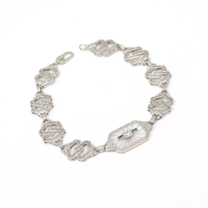 Rock Crystal Quartz Bracelet - Art Deco 10k White Gold Natural Diamond & Camphor Glass Style Statement - Vintage 1930s Filigree Fine Jewelry