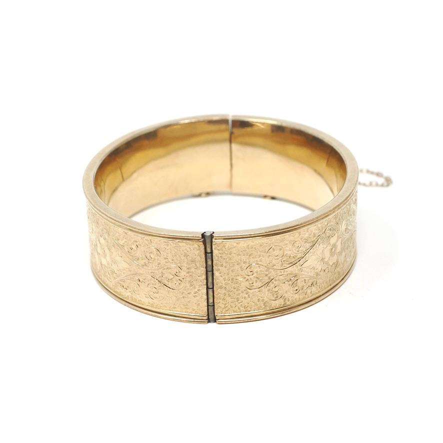 Vintage Flower Bangle - Retro 12k Gold Filled Engraved Floral Designs Wide Hinged Bracelet - Circa 1940s Era Statement Signed Winard Jewelry