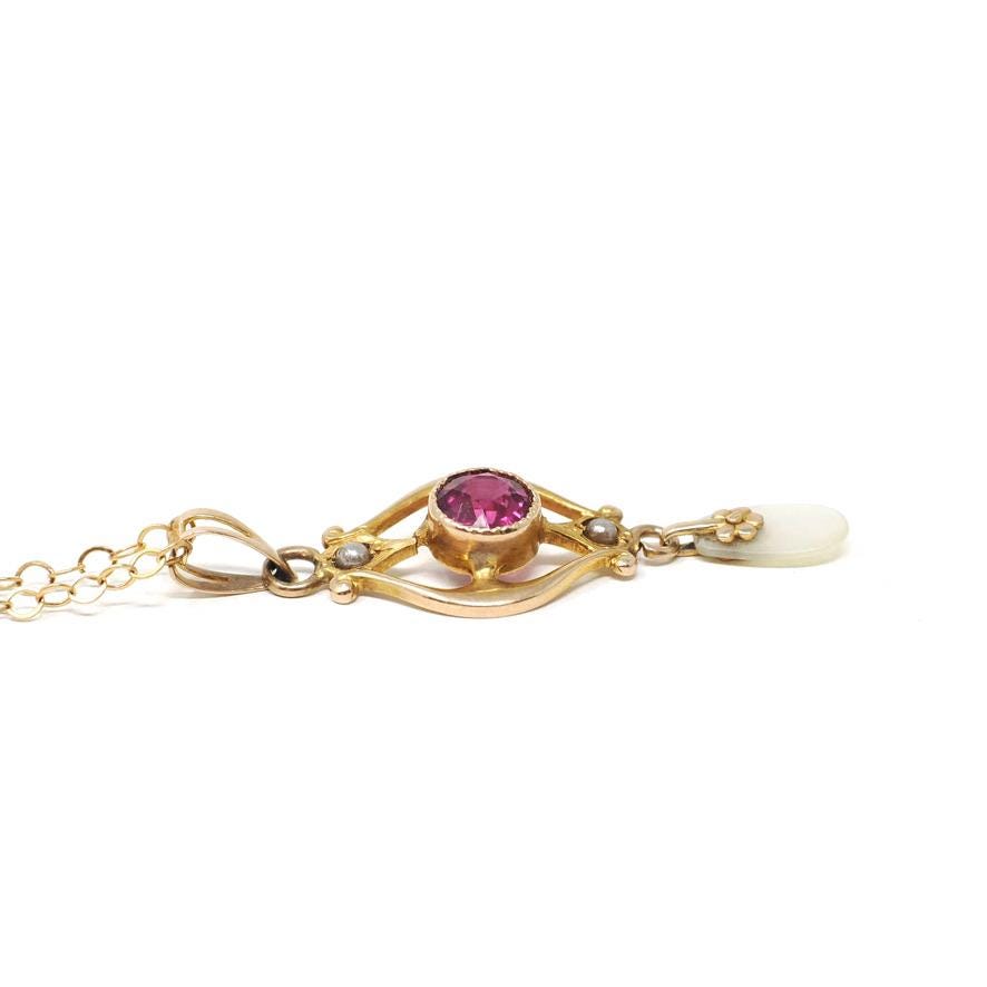 Antique Lavalier Necklace - Edwardian 10k Yellow Gold Red Purple Glass Stone & Seed Pearls Pendant - Circa 1910s Era Ostby Barton OB Jewelry