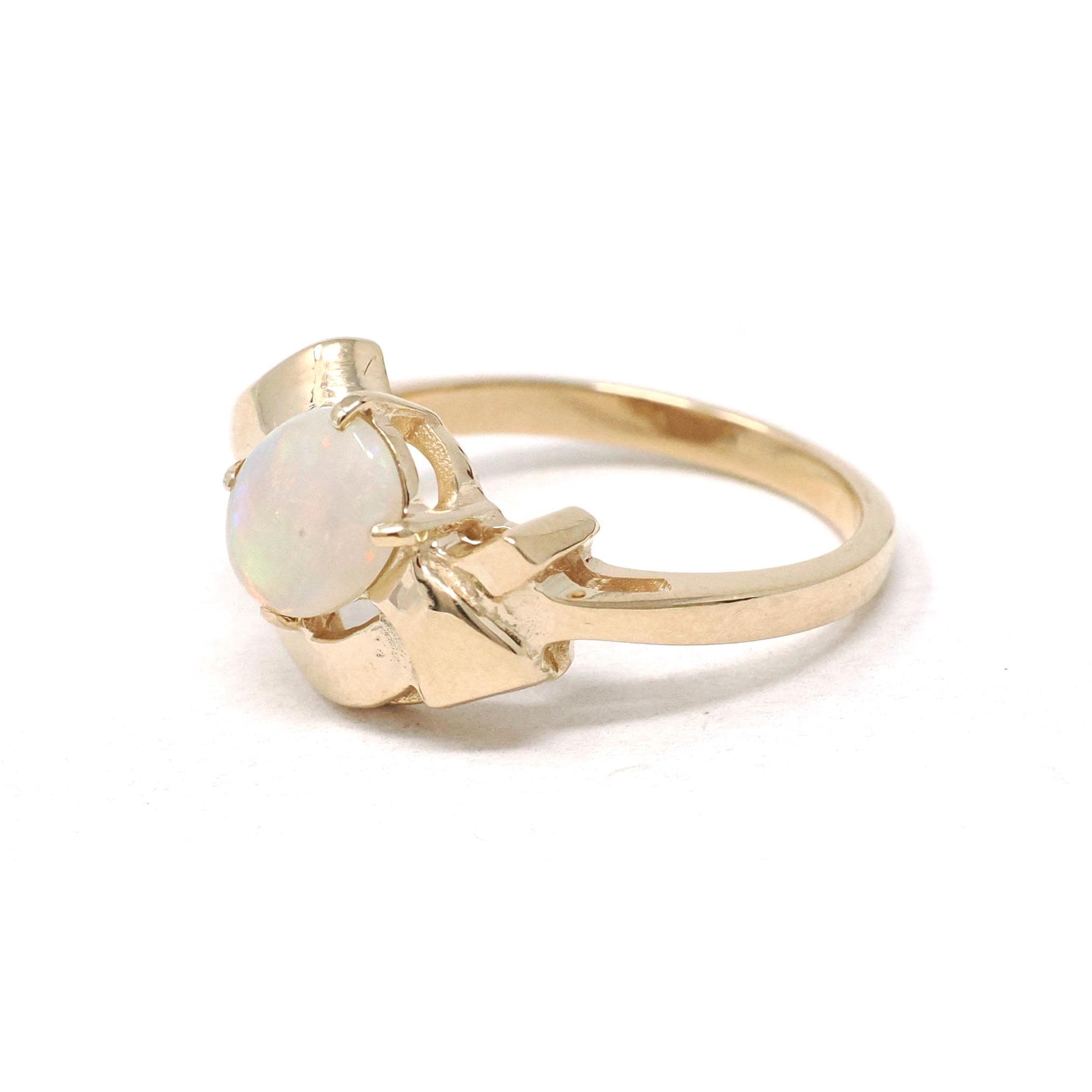 Vintage Opal Ring - Retro 14k Yellow Gold Cabochon Cut Gem Bypass - Circa 1960s Era Size 6 1/4 October Birthstone Fine Ribbon Bow Jewelry