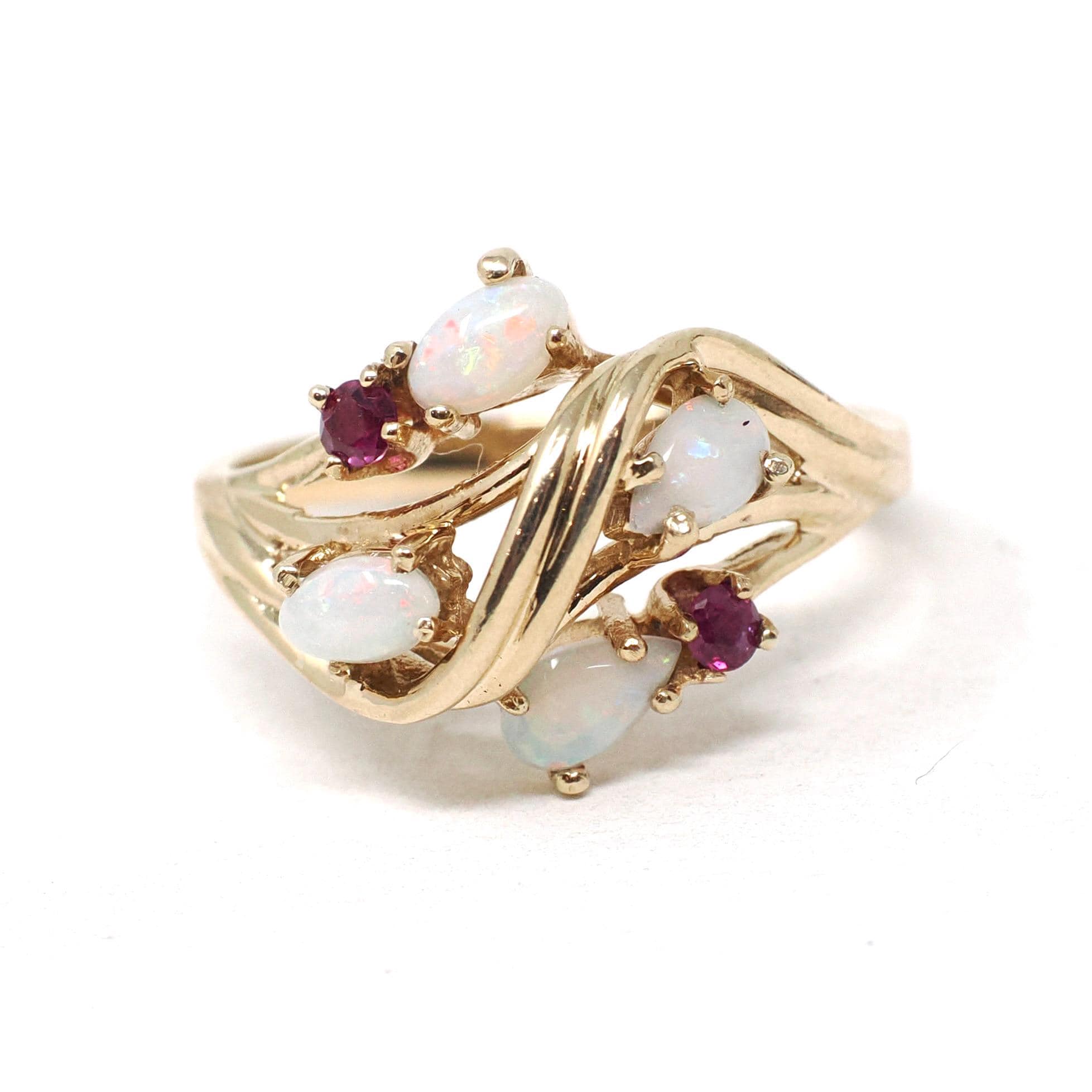 Opal & Ruby Ring - Estate 10k Yellow Gold Natural Cabochon Cut Gemstones - Modern Era Size 6 3/4 October Birthstone Fine Statement Jewelry