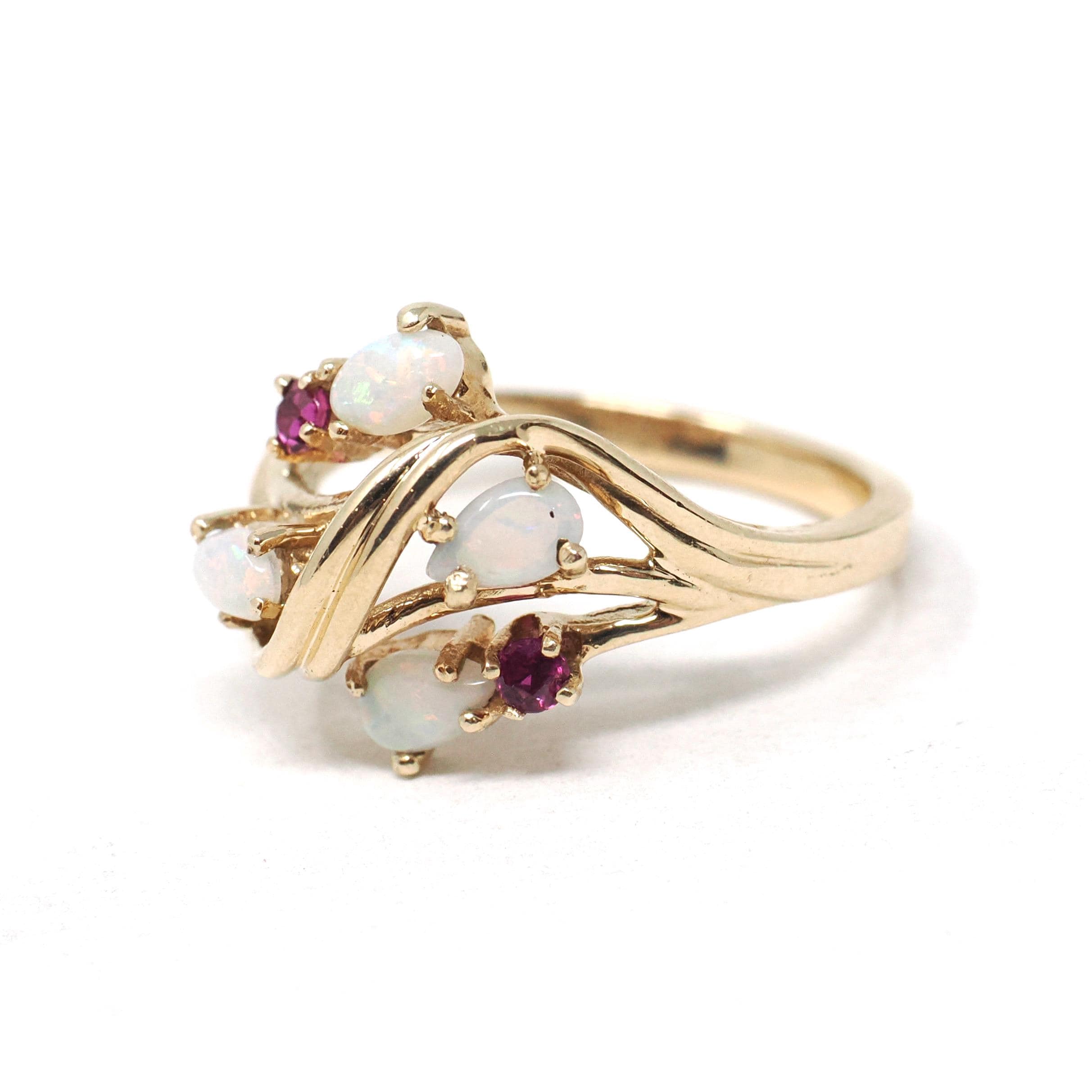 Opal & Ruby Ring - Estate 10k Yellow Gold Natural Cabochon Cut Gemstones - Modern Era Size 6 3/4 October Birthstone Fine Statement Jewelry