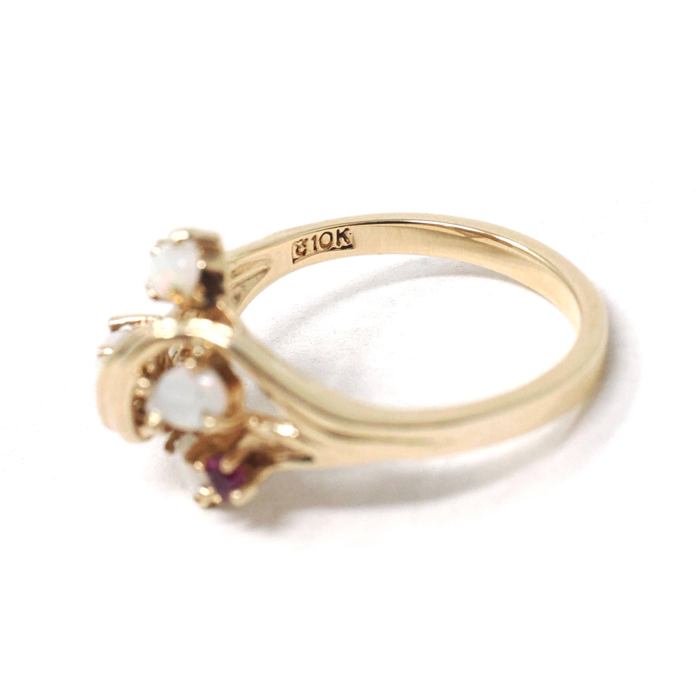Opal & Ruby Ring - Estate 10k Yellow Gold Natural Cabochon Cut Gemstones - Modern Era Size 6 3/4 October Birthstone Fine Statement Jewelry