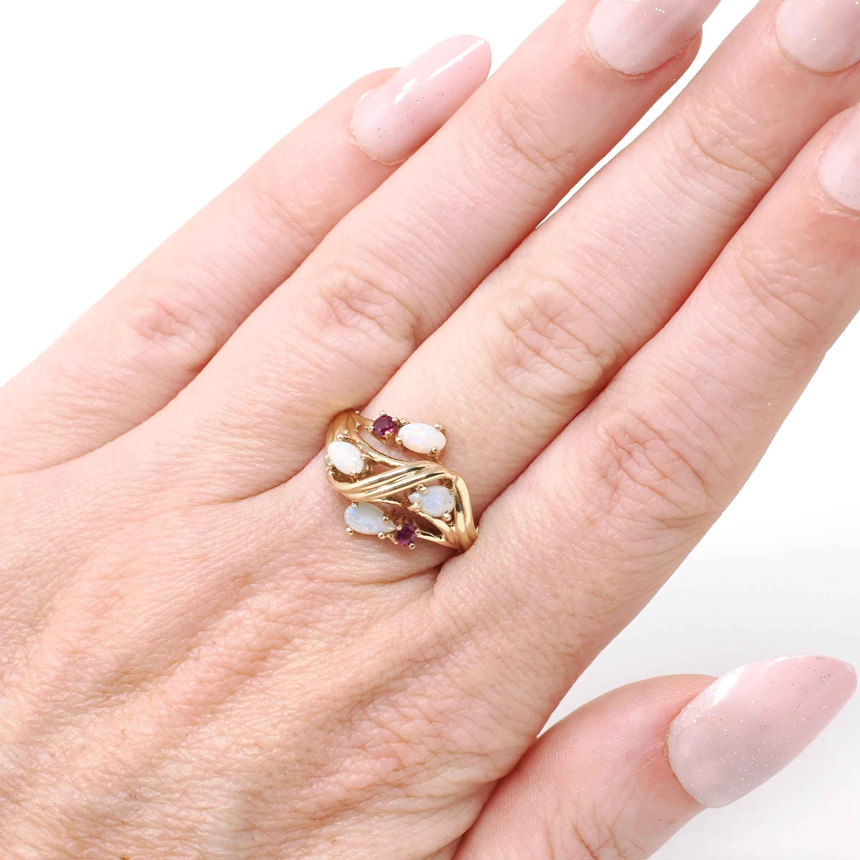 Opal & Ruby Ring - Estate 10k Yellow Gold Natural Cabochon Cut Gemstones - Modern Era Size 6 3/4 October Birthstone Fine Statement Jewelry