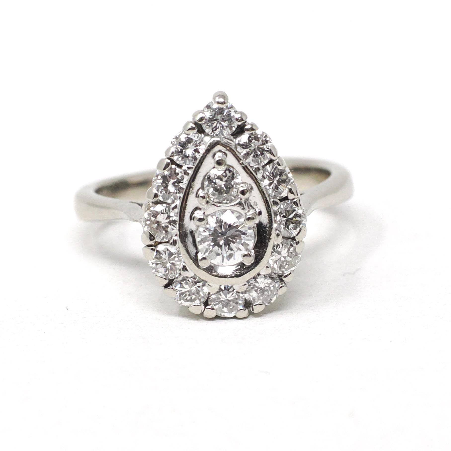 Diamond Cluster Ring - Estate 14k White Gold Natural Diamond Pear Shape - Modern Circa 2000s Era Size 3 3/4 Engagement Halo Fine Jewelry