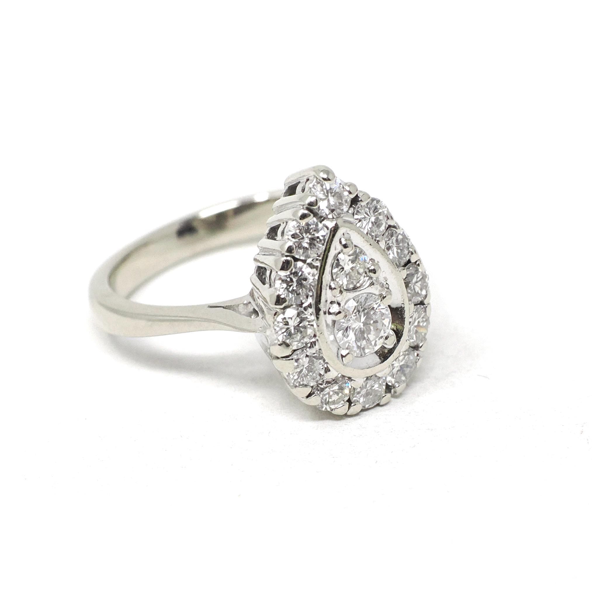 Diamond Cluster Ring - Estate 14k White Gold Natural Diamond Pear Shape - Modern Circa 2000s Era Size 3 3/4 Engagement Halo Fine Jewelry