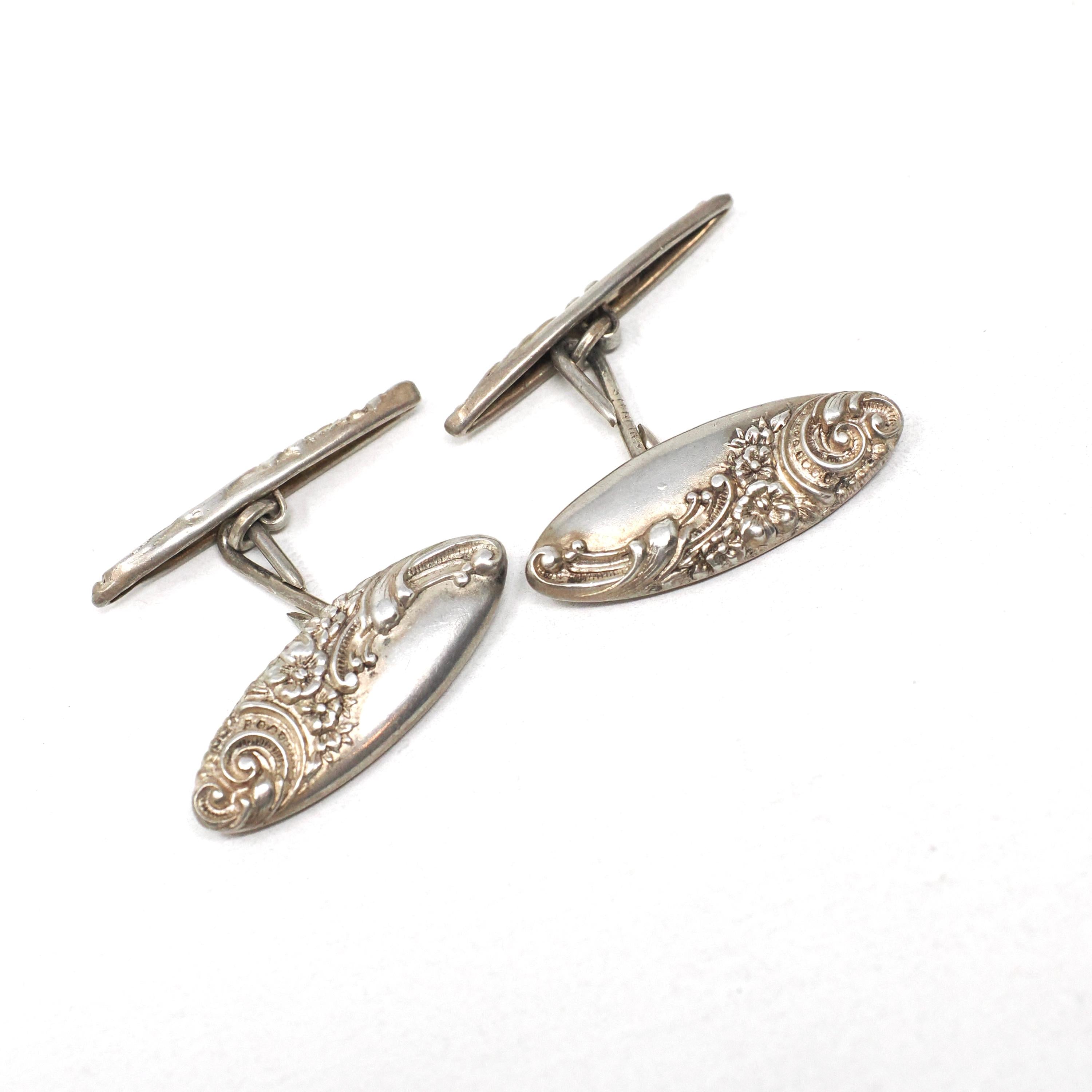 Edwardian Cufflinks - Vintage Sterling Silver Matched Repousse Navette Plate Design - Circa 1900s Set of 2 Scroll Links Fine Unisex Jewelry