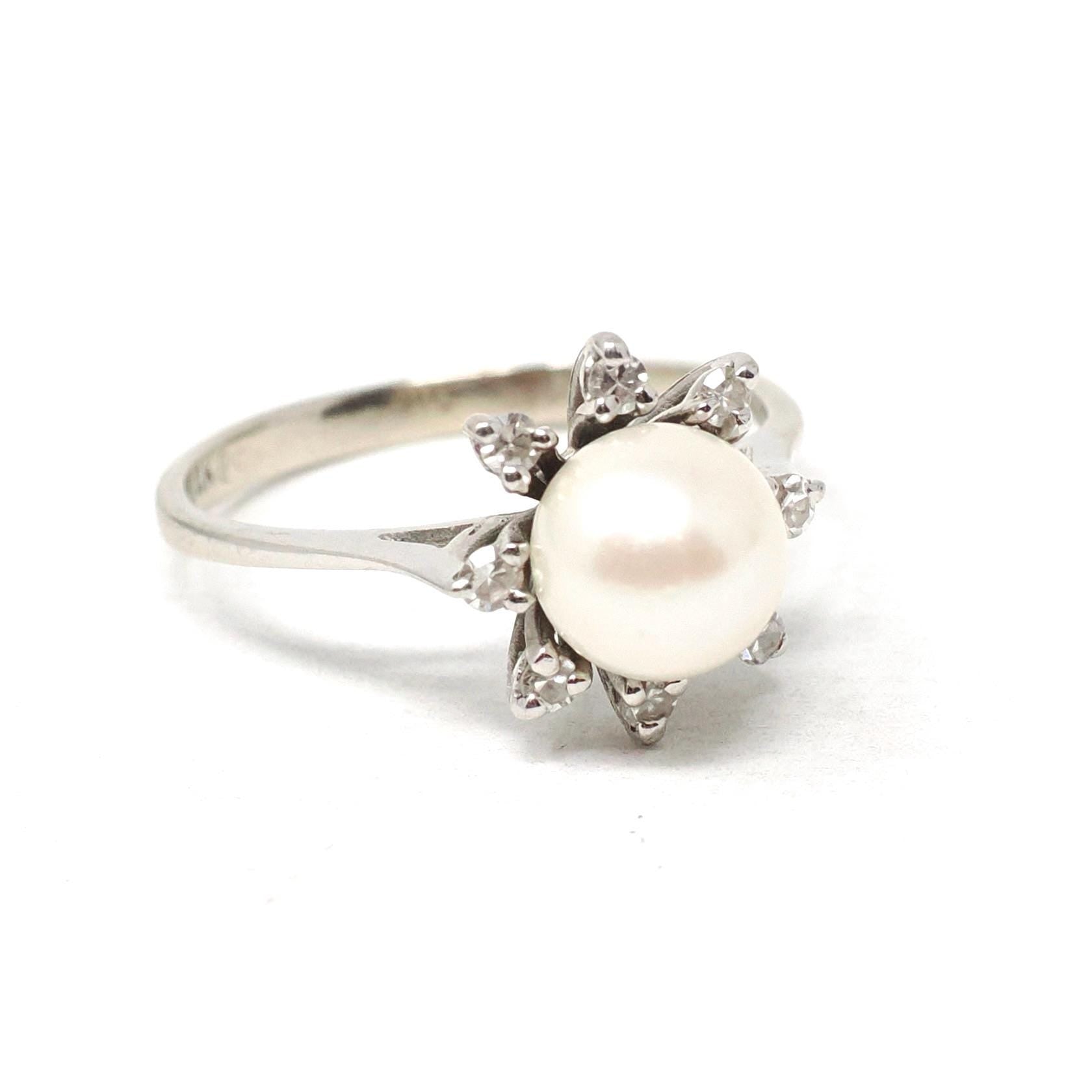 Vintage Pearl Ring - Mid Century Era 14k White Gold Cultured Organic Gem & .16 CTW Diamond Accents - Circa 1960s Size 5.75 Star Halo Jewelry