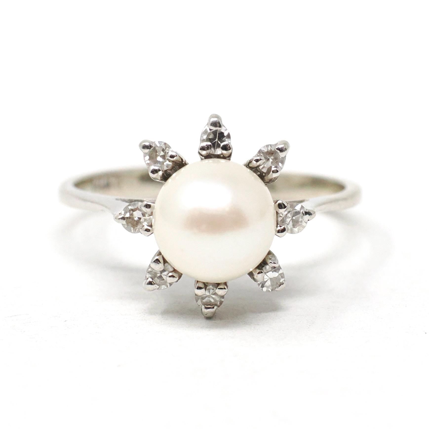 Vintage Pearl Ring - Mid Century Era 14k White Gold Cultured Organic Gem & .16 CTW Diamond Accents - Circa 1960s Size 5.75 Star Halo Jewelry