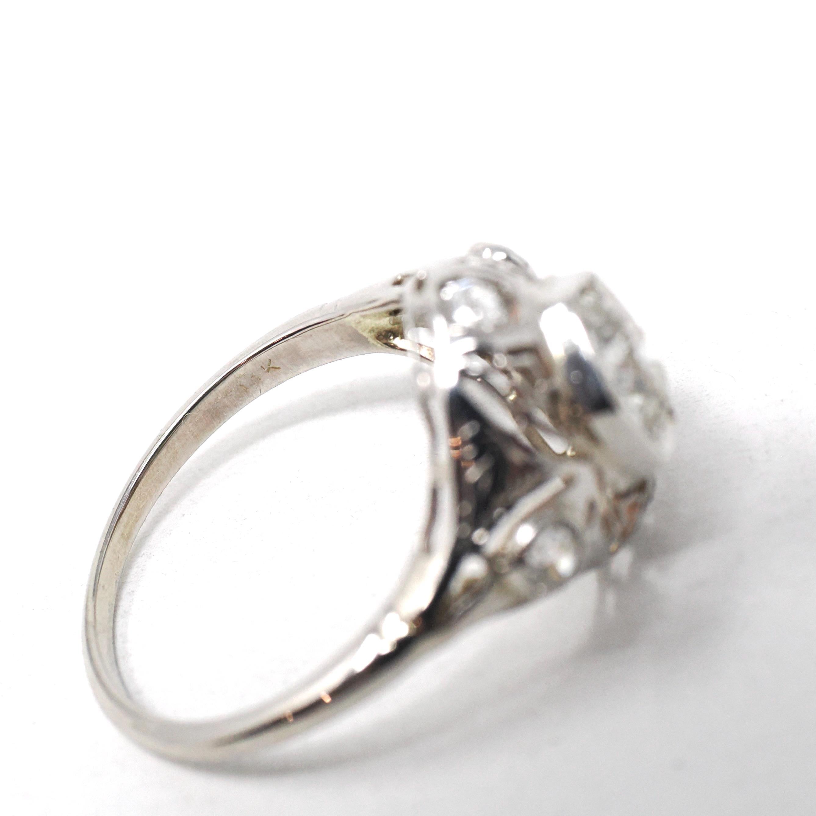 Vintage Diamond Ring - Art Deco 14k White Gold Natural .66 CTW Dome - Circa 1930s Era Size 5 3/4 Engagement Filigree Hexagonal Fine Jewelry