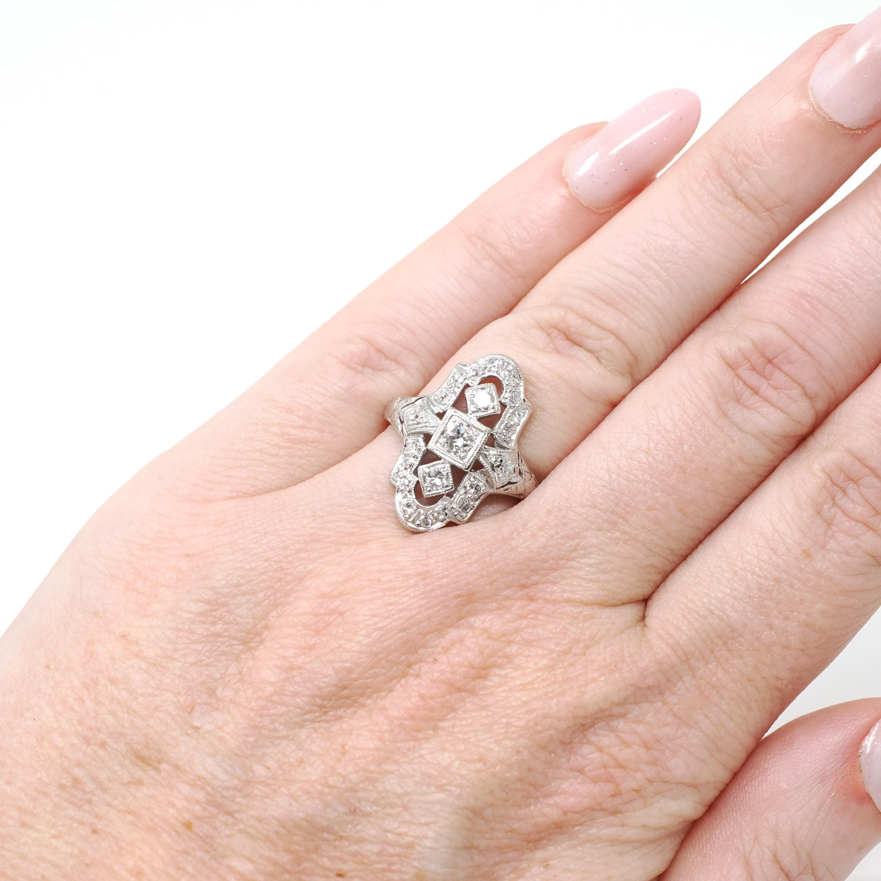 Vintage Shield Ring - Art Deco Die Struck Platinum .57 CTW Diamond Engagement - Circa 1930s Era Size 5 Filigree Fine Lace Bridal Jewelry
