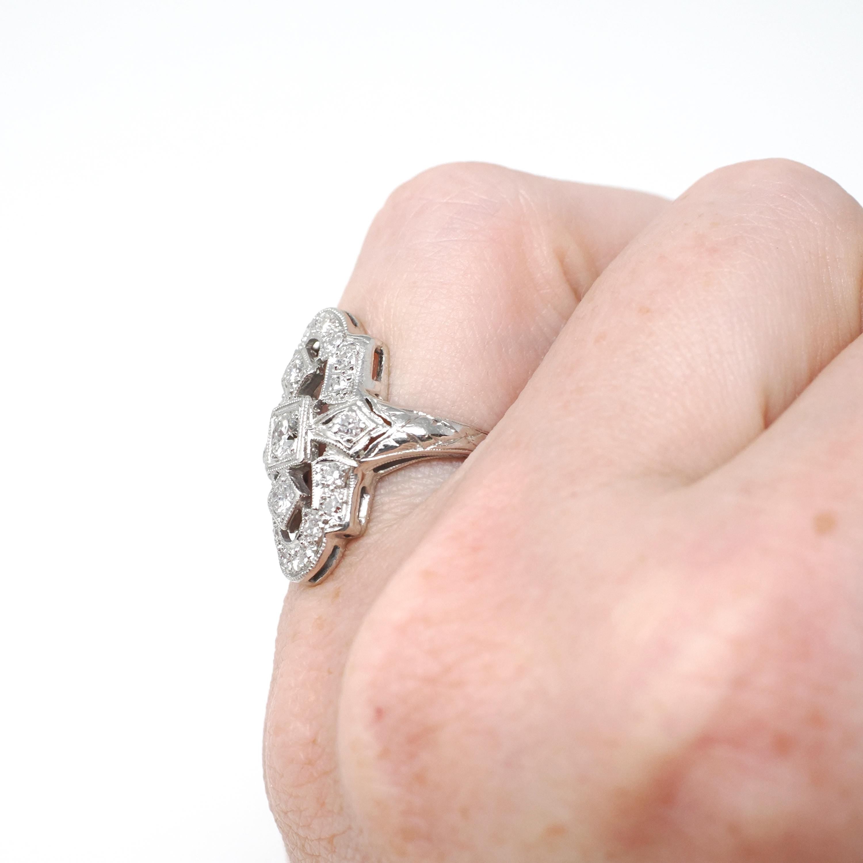 Vintage Shield Ring - Art Deco Die Struck Platinum .57 CTW Diamond Engagement - Circa 1930s Era Size 5 Filigree Fine Lace Bridal Jewelry