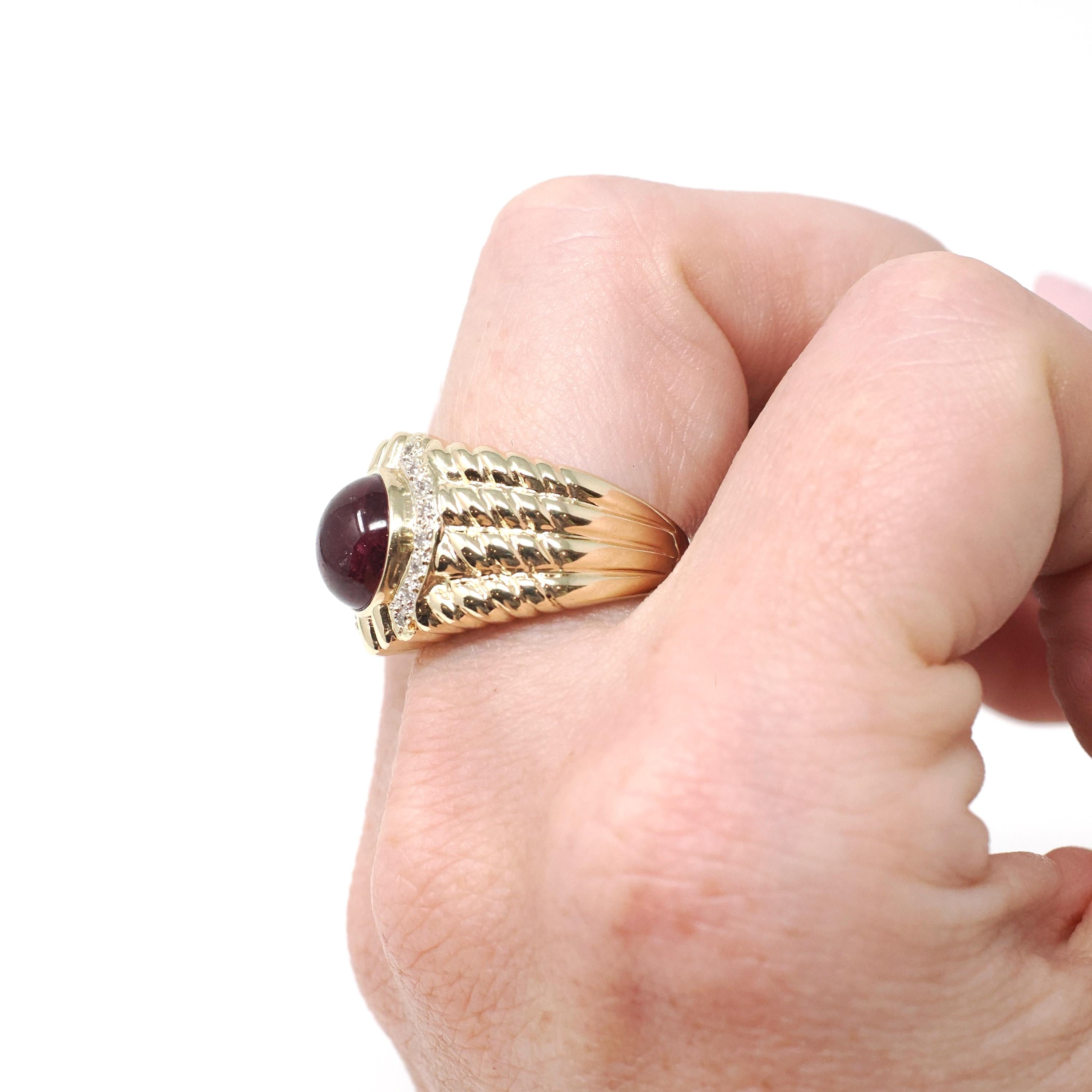 Pink Tourmaline Ring - Modern Era 14k Yellow Gold Natural Round Cabochon Gemstone Statement - Estate Size 6 October Birthstone Fine Jewelry