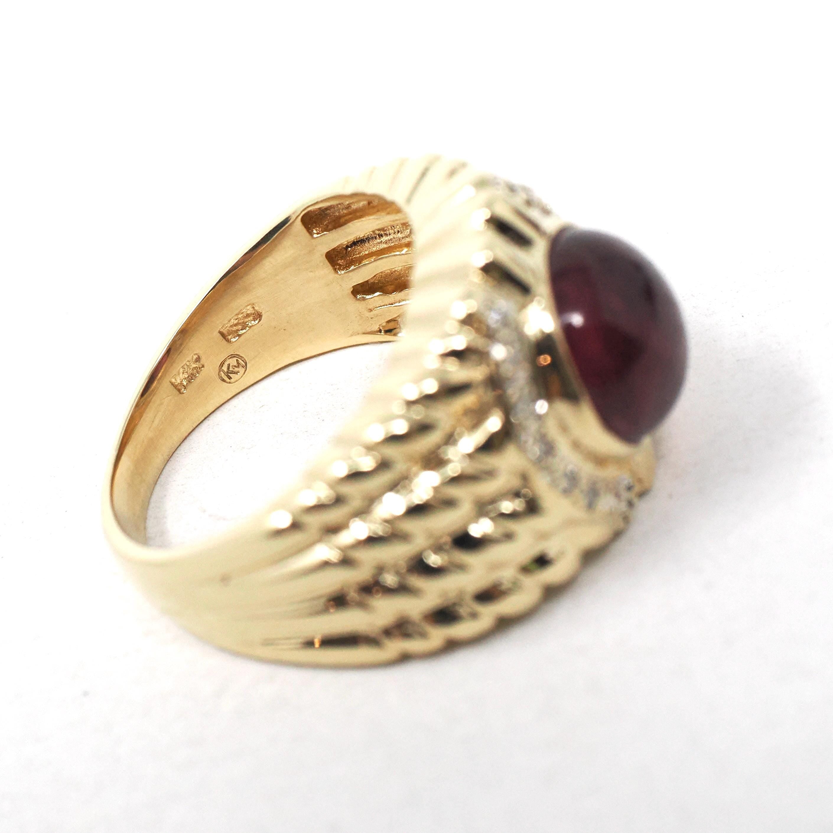 Pink Tourmaline Ring - Modern Era 14k Yellow Gold Natural Round Cabochon Gemstone Statement - Estate Size 6 October Birthstone Fine Jewelry