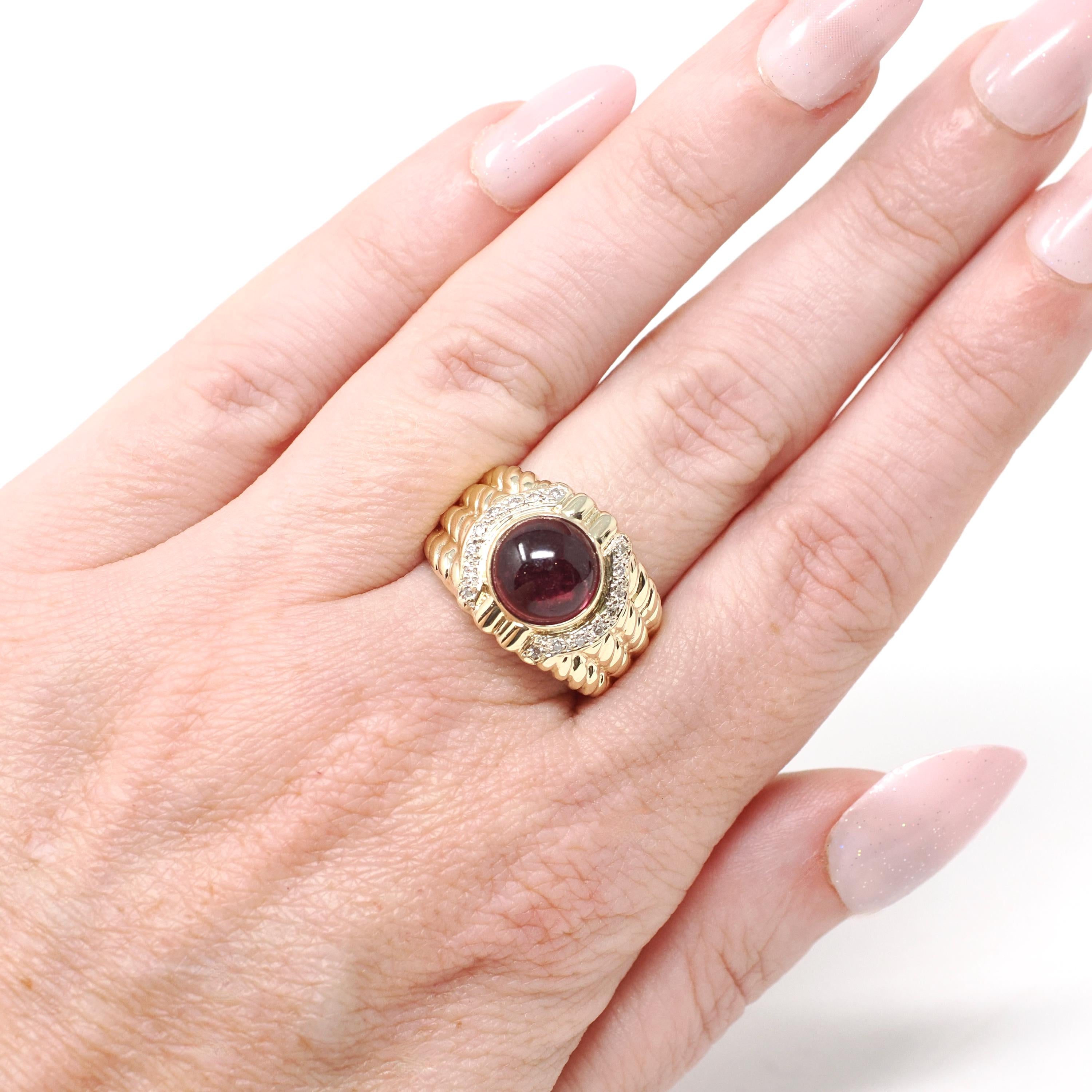 Pink Tourmaline Ring - Modern Era 14k Yellow Gold Natural Round Cabochon Gemstone Statement - Estate Size 6 October Birthstone Fine Jewelry