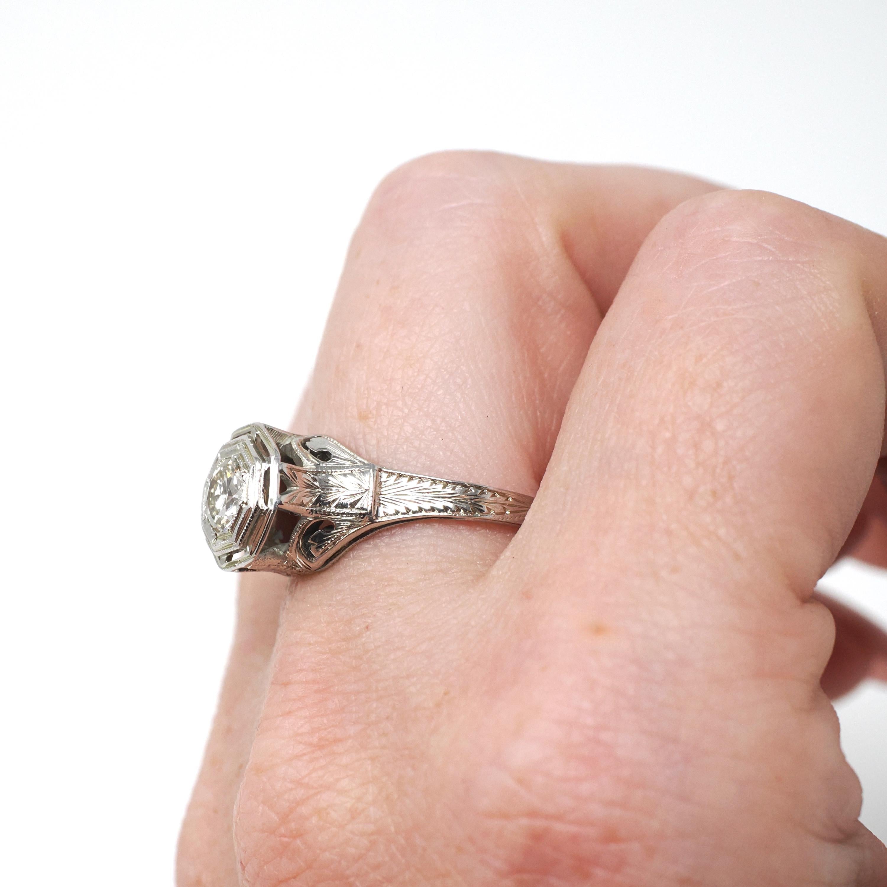 Antique Diamond Ring - Art Deco 18k White Gold Natural .50 CT Engagement - Circa 1920s Size 8 Filigree Belais Tall Basket Fine 20s Jewelry