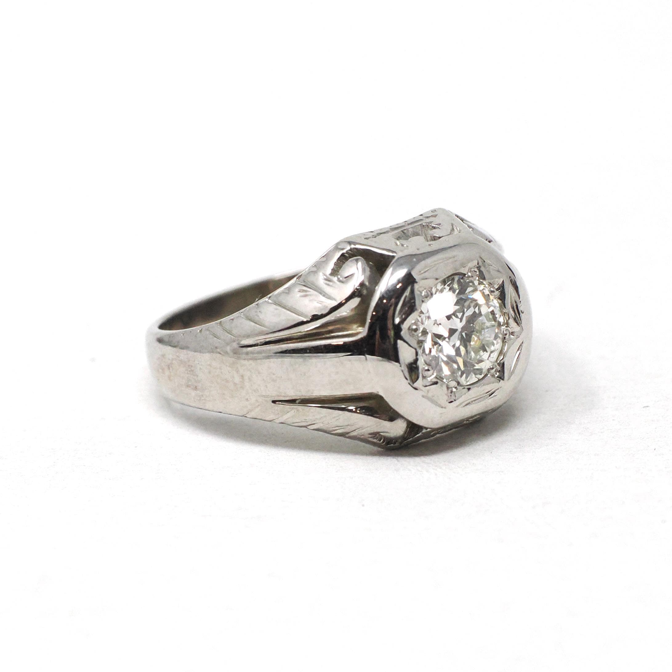 Art Deco Diamond Ring - Vintage 14k White Gold .70 CT Star Incised Unisex Engagement - Circa 1930s Era Size 7 Fine Sun Bridal Jewelry