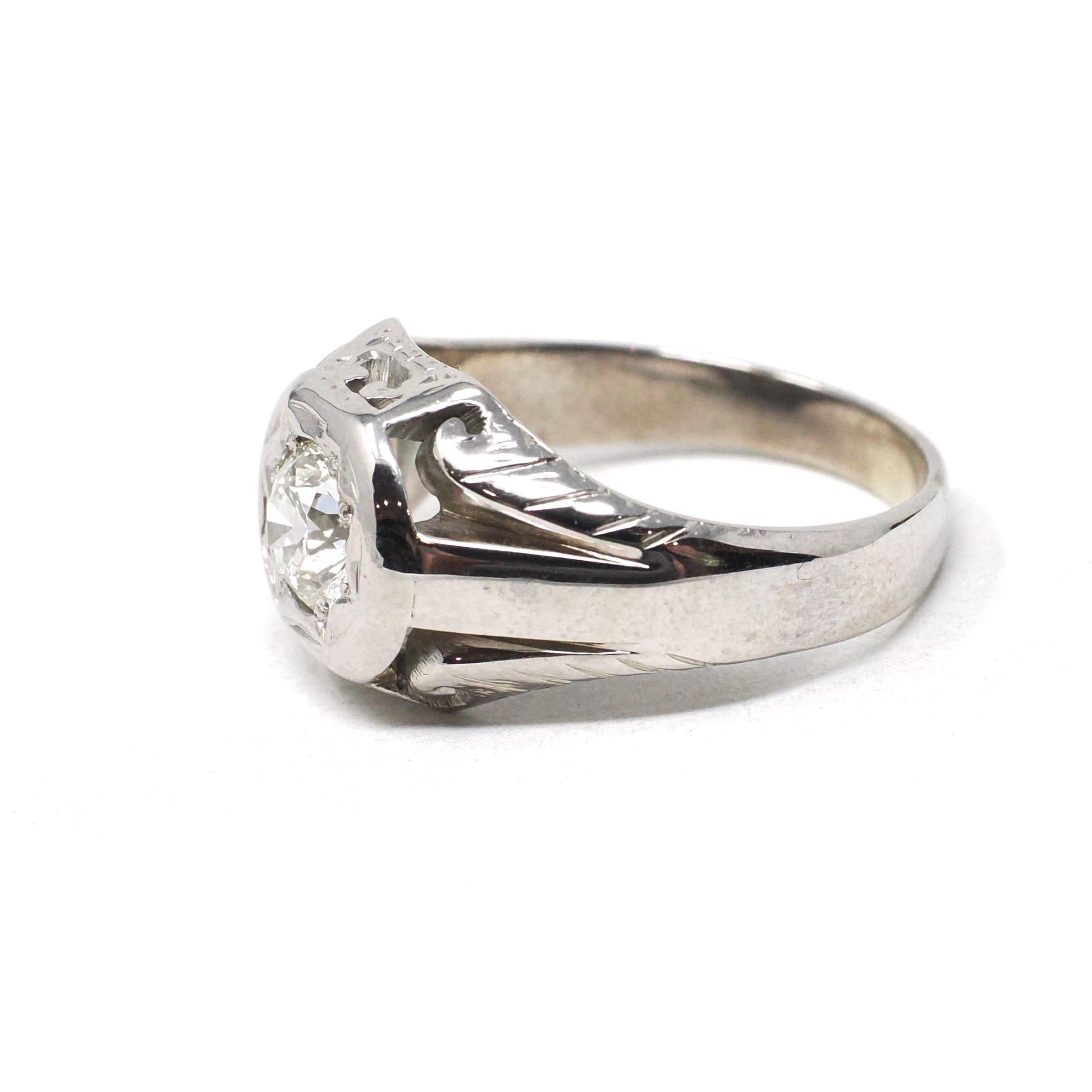 Art Deco Diamond Ring - Vintage 14k White Gold .70 CT Star Incised Unisex Engagement - Circa 1930s Era Size 7 Fine Sun Bridal Jewelry