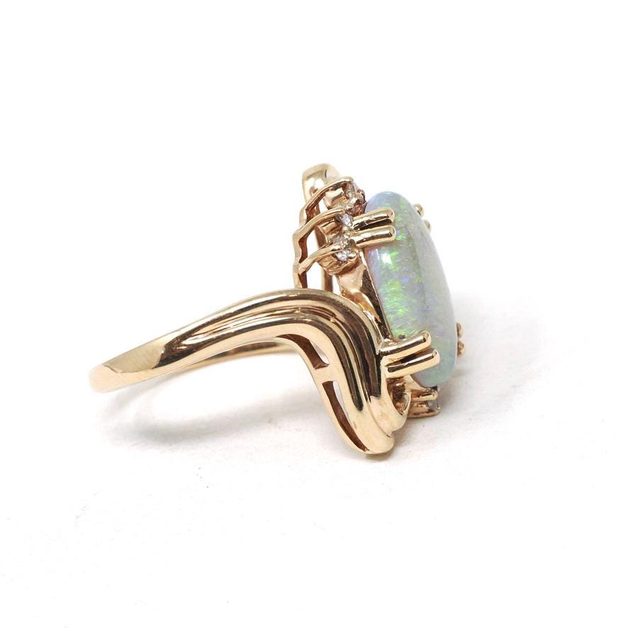 Vintage Opal & Diamond Ring - Estate 14k Yellow Gold Natural Oval Cabochon Gemstone - Modern Circa 1980s Size 9 Bypass Cocktail Fine Jewelry