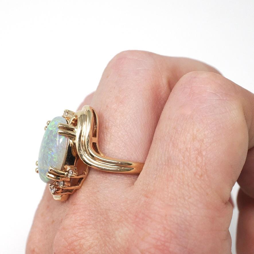 Vintage Opal & Diamond Ring - Estate 14k Yellow Gold Natural Oval Cabochon Gemstone - Modern Circa 1980s Size 9 Bypass Cocktail Fine Jewelry