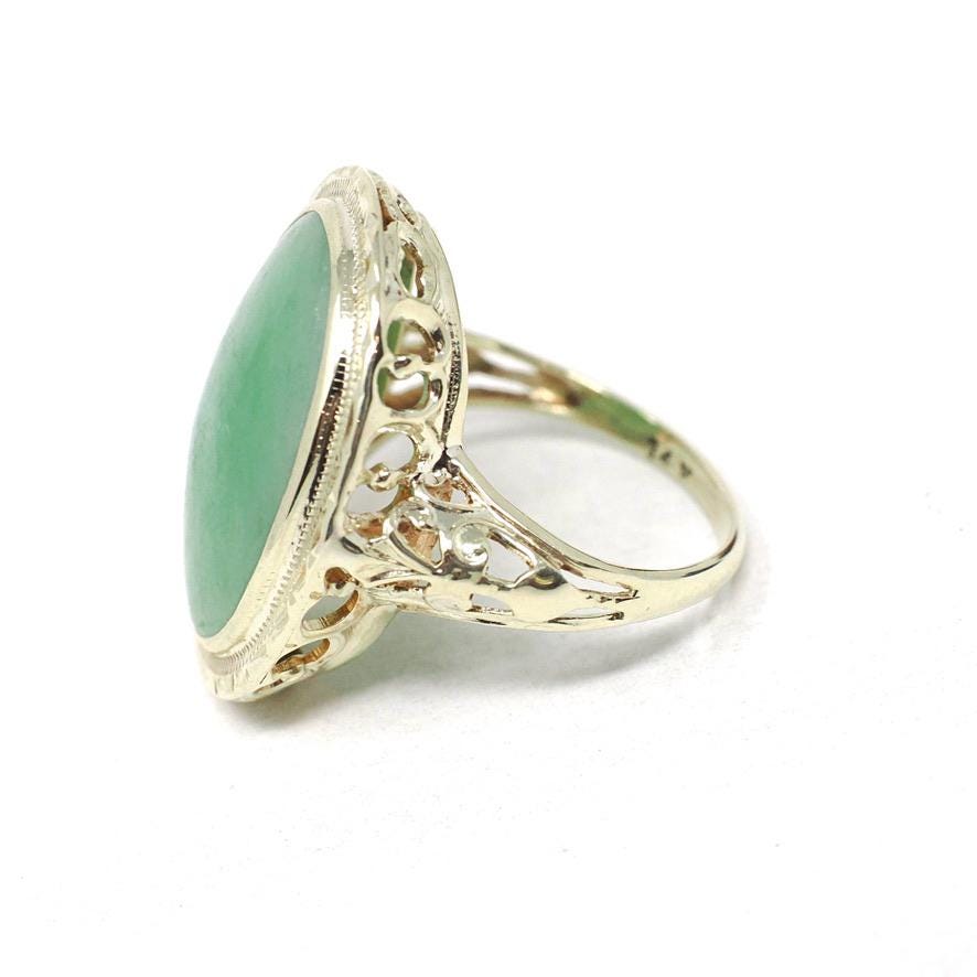 Vintage Jadeite Ring - Mid Century 14k Yellow Gold Natural Green Cabochon Cut Gemstone - Circa 1940s Era Statement Size 4 1/4 Fine Jewelry