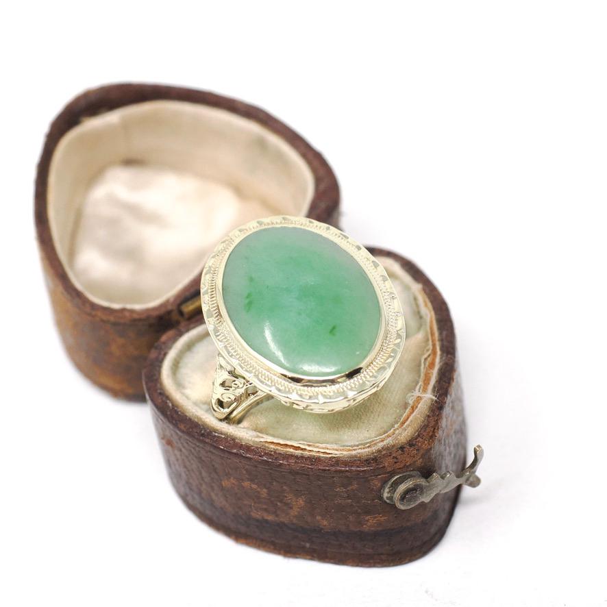Vintage Jadeite Ring - Mid Century 14k Yellow Gold Natural Green Cabochon Cut Gemstone - Circa 1940s Era Statement Size 4 1/4 Fine Jewelry