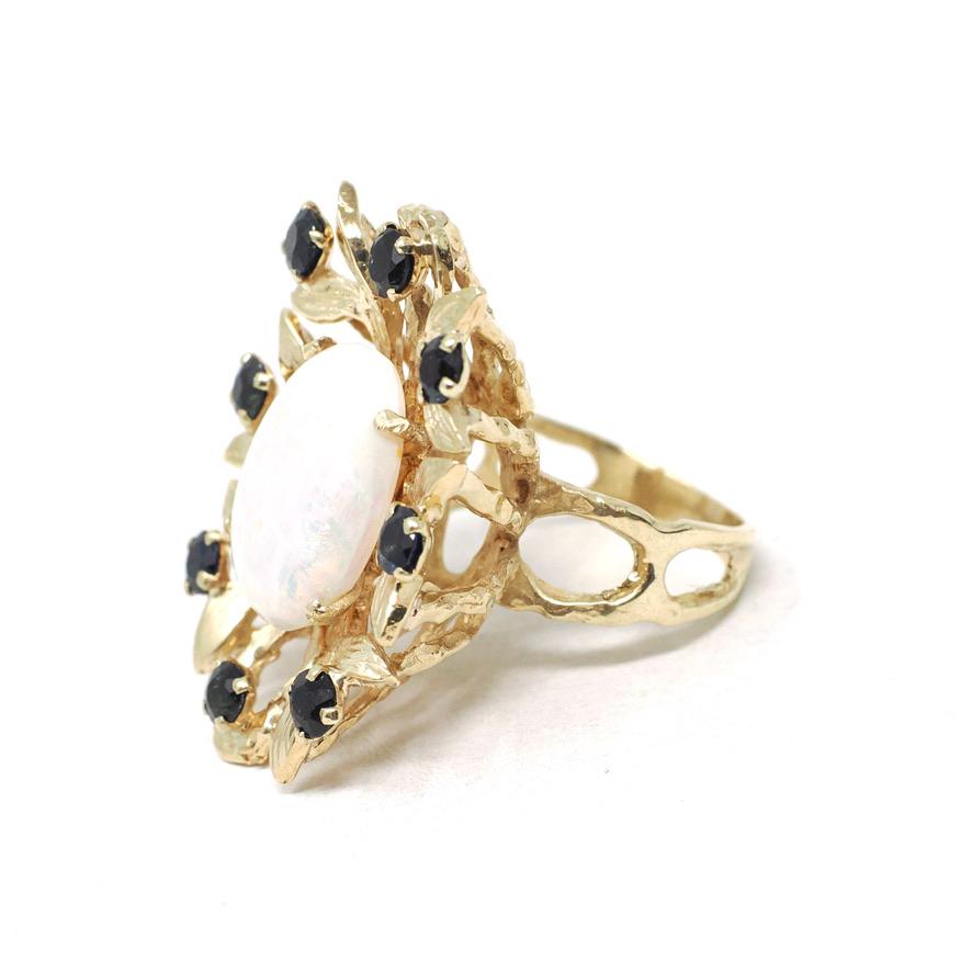 Vintage Opal & Sapphire Ring - Estate 14k Yellow Gold Statement Leaf Flower - Circa 1980s Era Size 5 1/2 Halo Brutalist Style Fine Jewelry