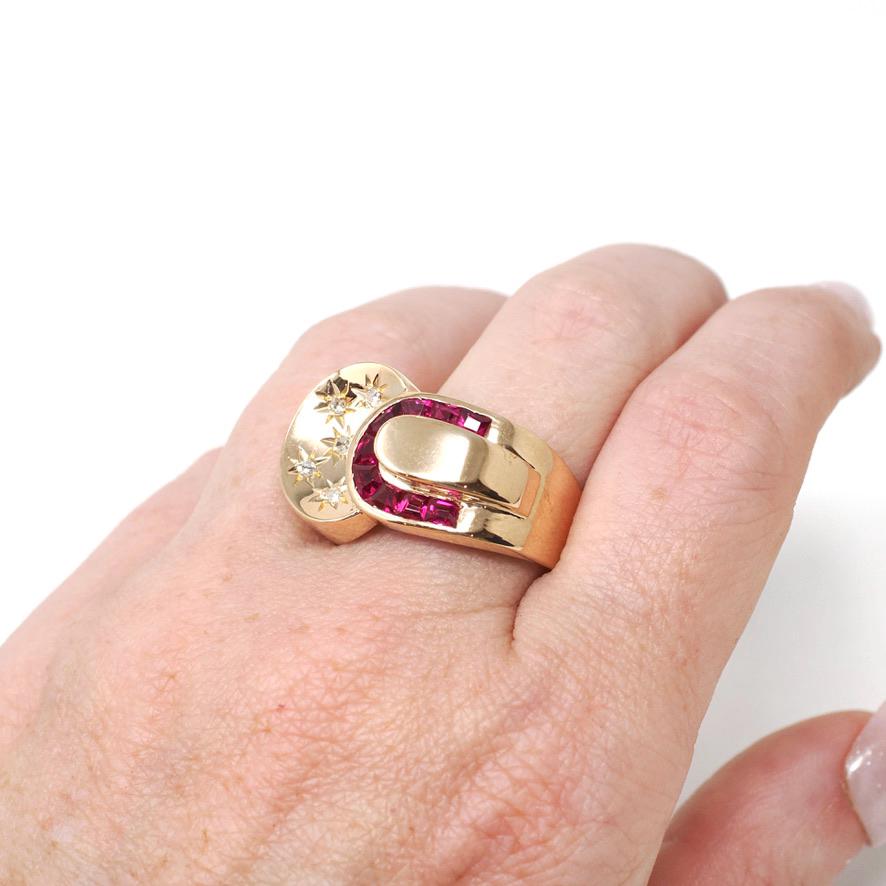 Viintage Cocktail Ring - Retro 18k Rose Gold Star Incised Natural Diamonds Created Rubies - Circa 1960s Era Size 8 1/4 Buckle Fine Jewelry