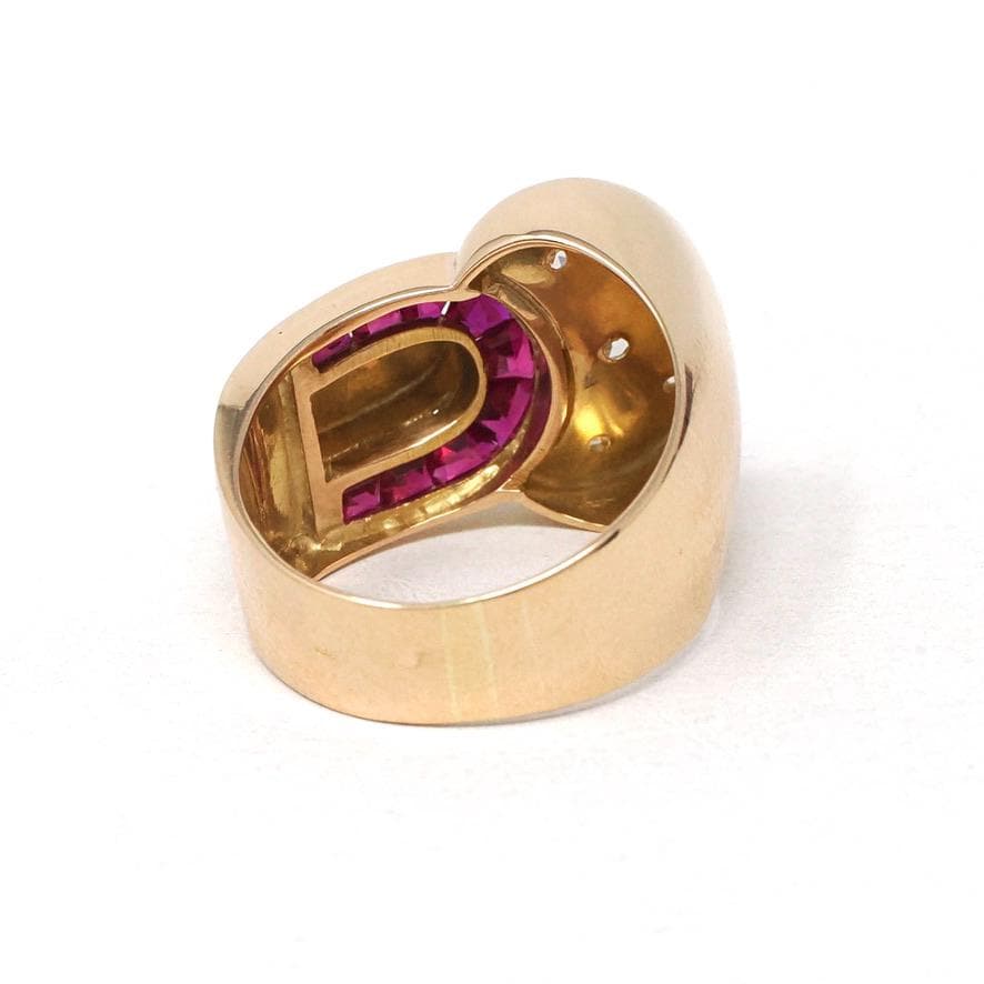 Viintage Cocktail Ring - Retro 18k Rose Gold Star Incised Natural Diamonds Created Rubies - Circa 1960s Era Size 8 1/4 Buckle Fine Jewelry