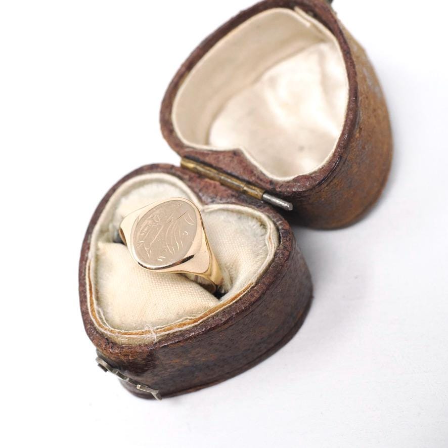 Edwardian Signet Ring - Antique 10k Yellow Gold Oval Engraved SP Pinky Midi Band - Circa 1910s Size 3 1/2 Fine Personal Statement Jewelry