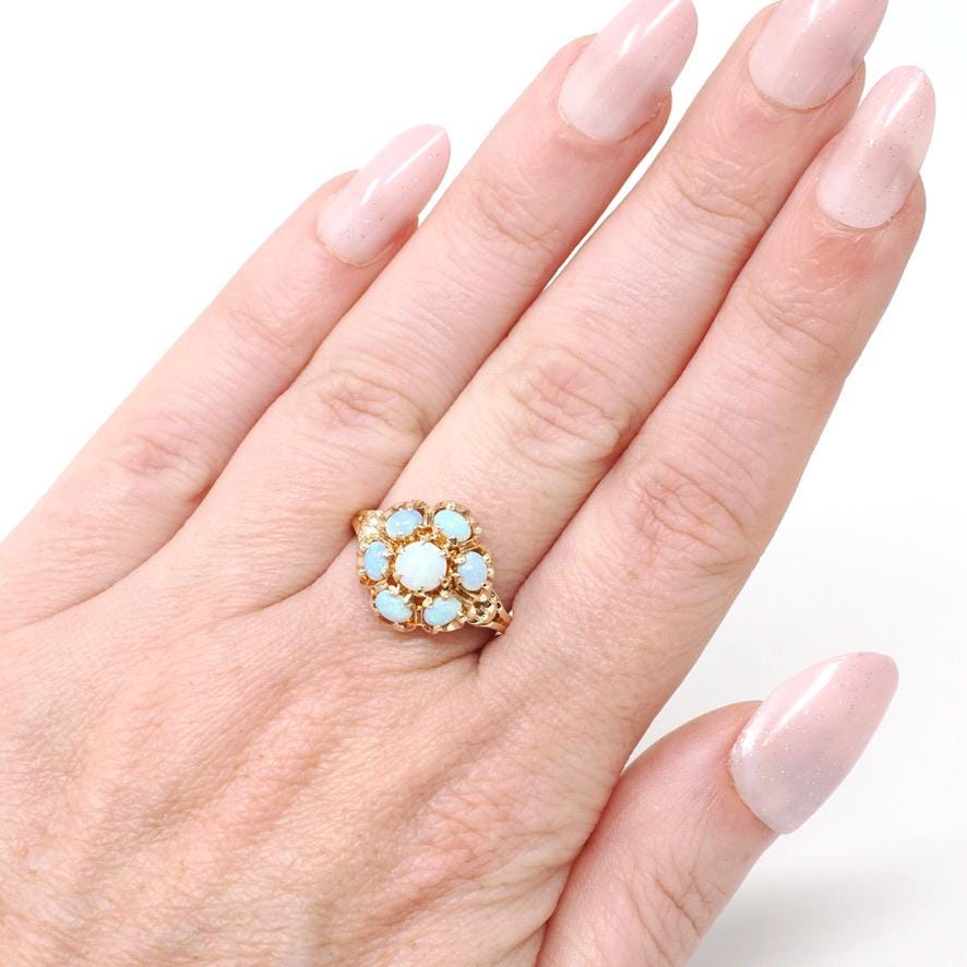 Vintage Opal Ring - Mid Century 10k Yellow Gold Natural Gemstone Flower Cluster Statement - Circa 1960s Era Size 5 3/4 Floral Fine Jewelry
