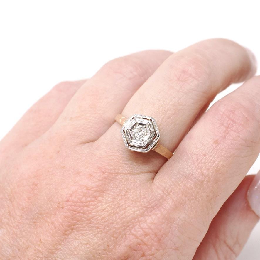 Art Deco Diamond Ring - Vintage 14k Yellow White Gold .13 CT Hexagonal Engagement - Circa 1930s Era Size 6.5 Fine Tall Crown Bridal Jewelry